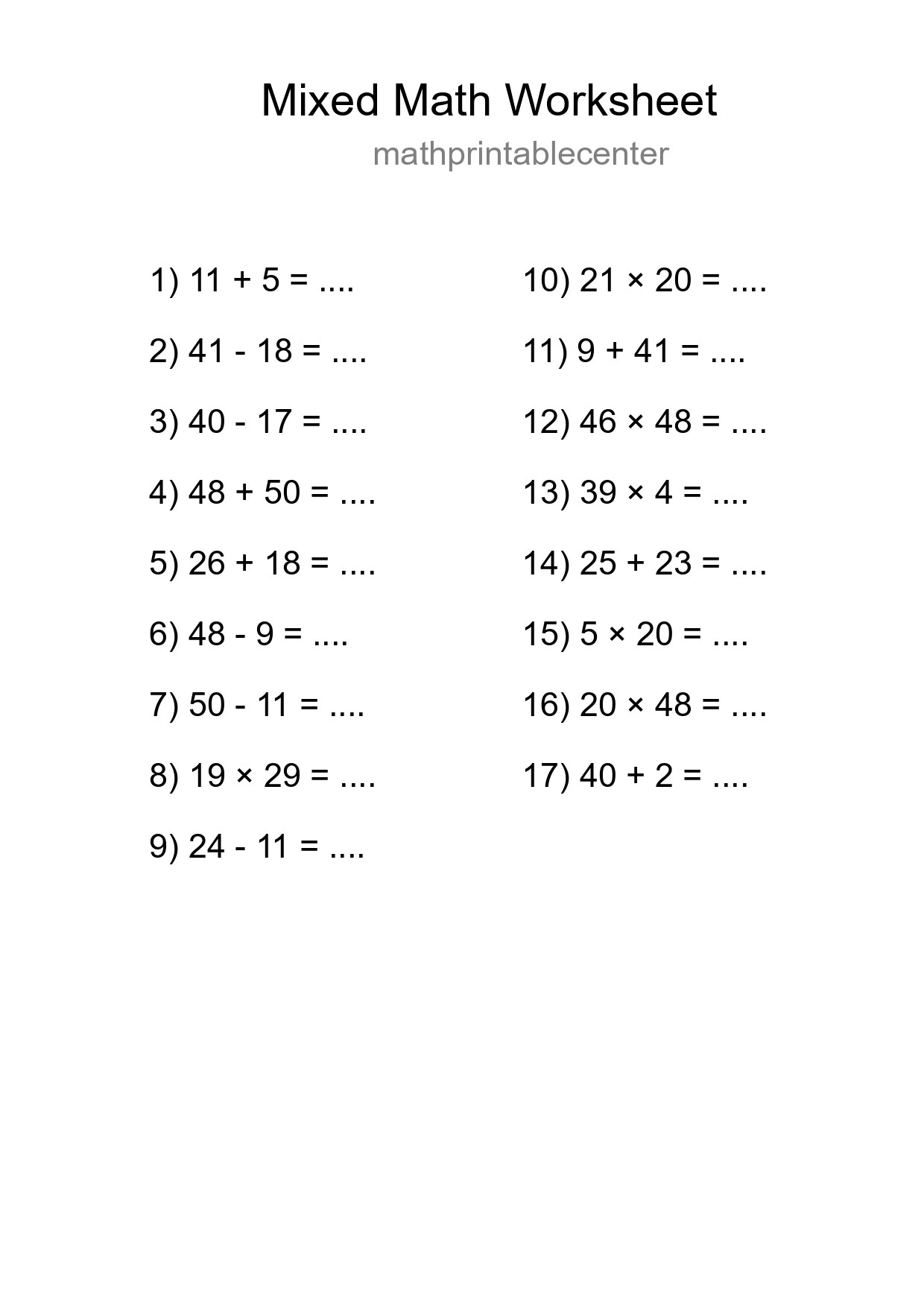 Mixed Operations Math Worksheet