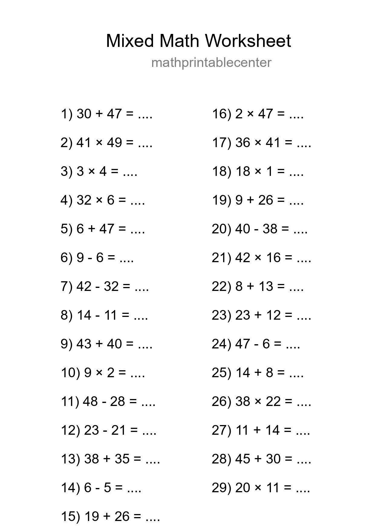 Mixed Operations Math Worksheet