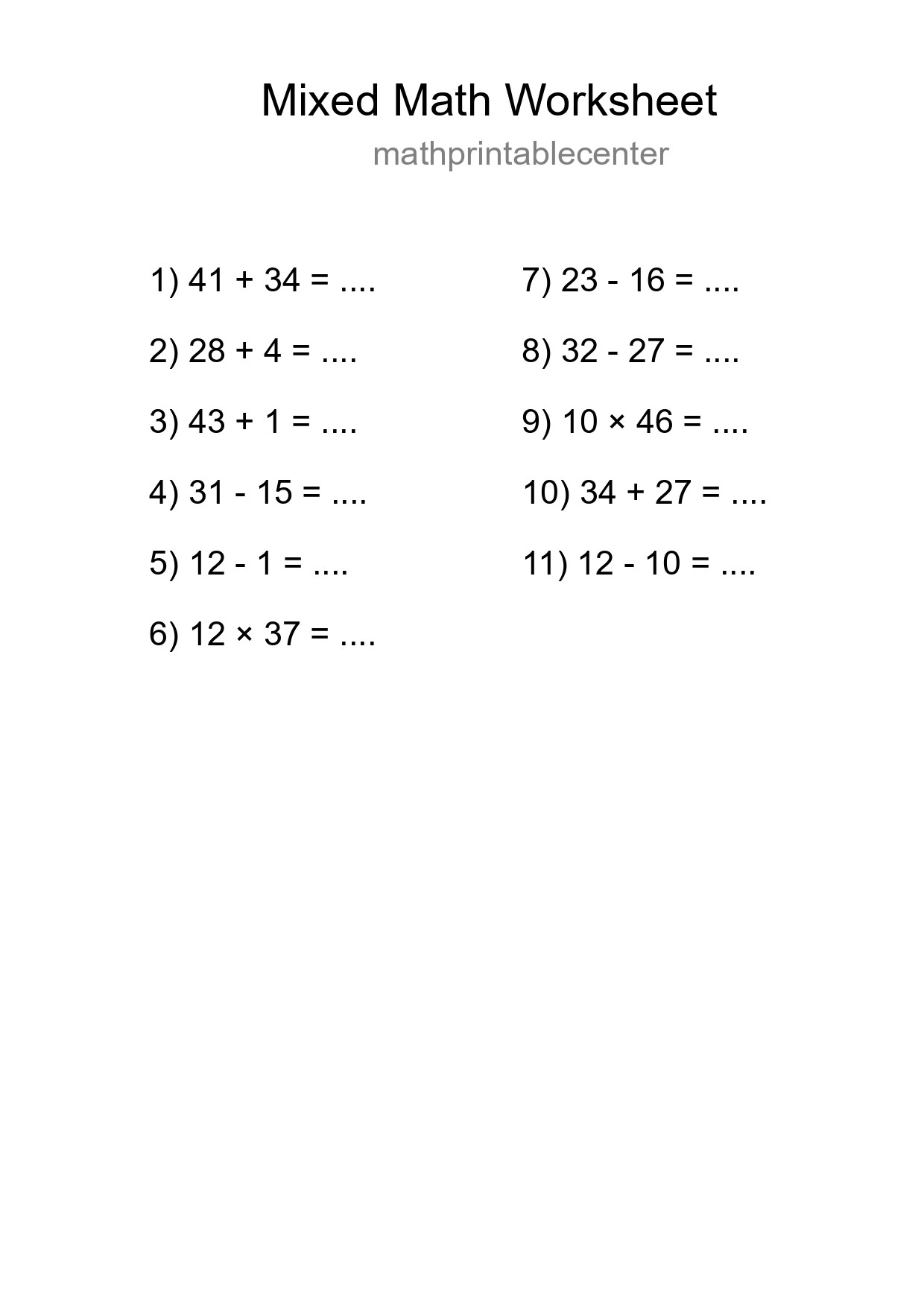 Mixed Operations Math Worksheet
