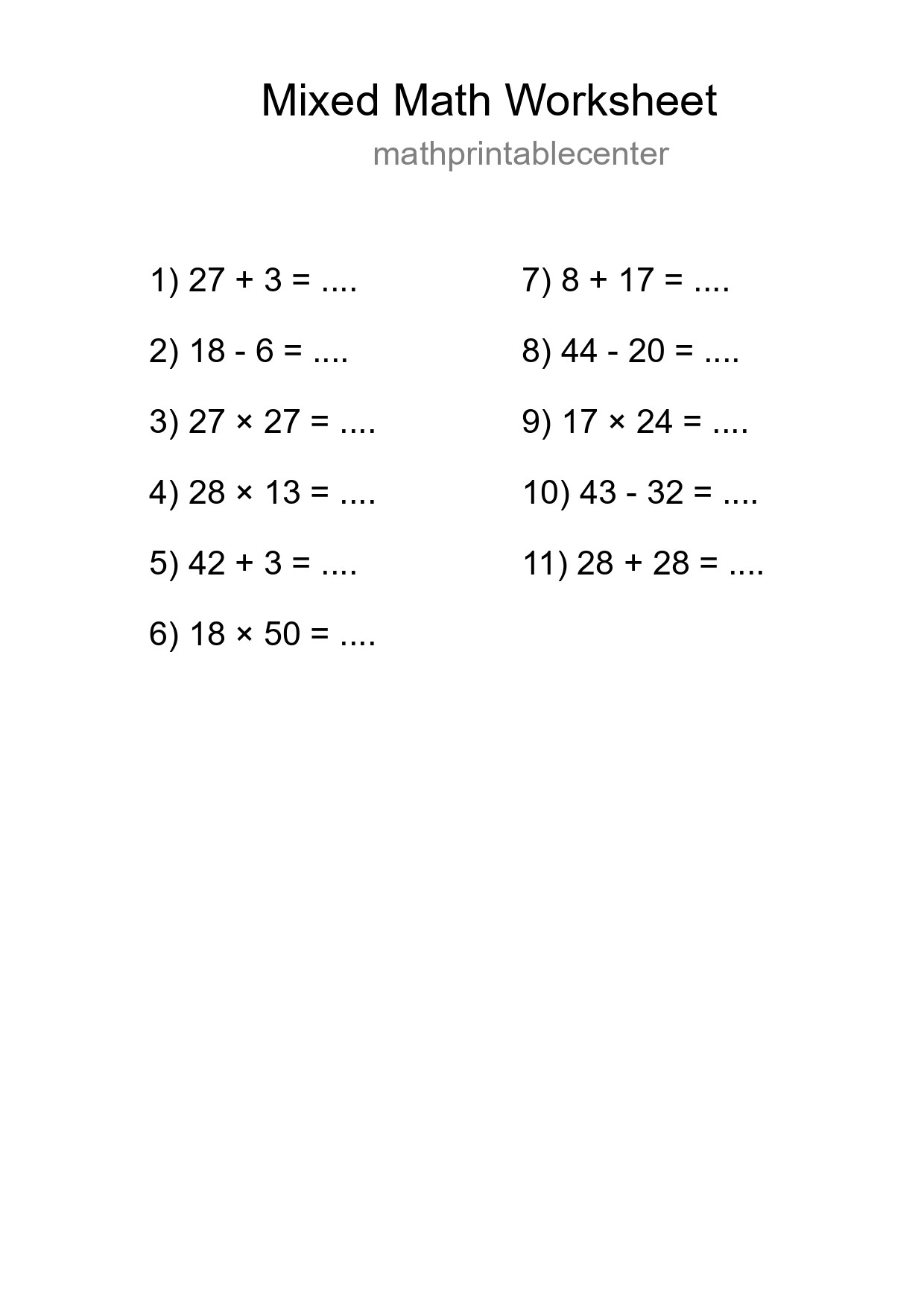 Mixed Operations Math Worksheet