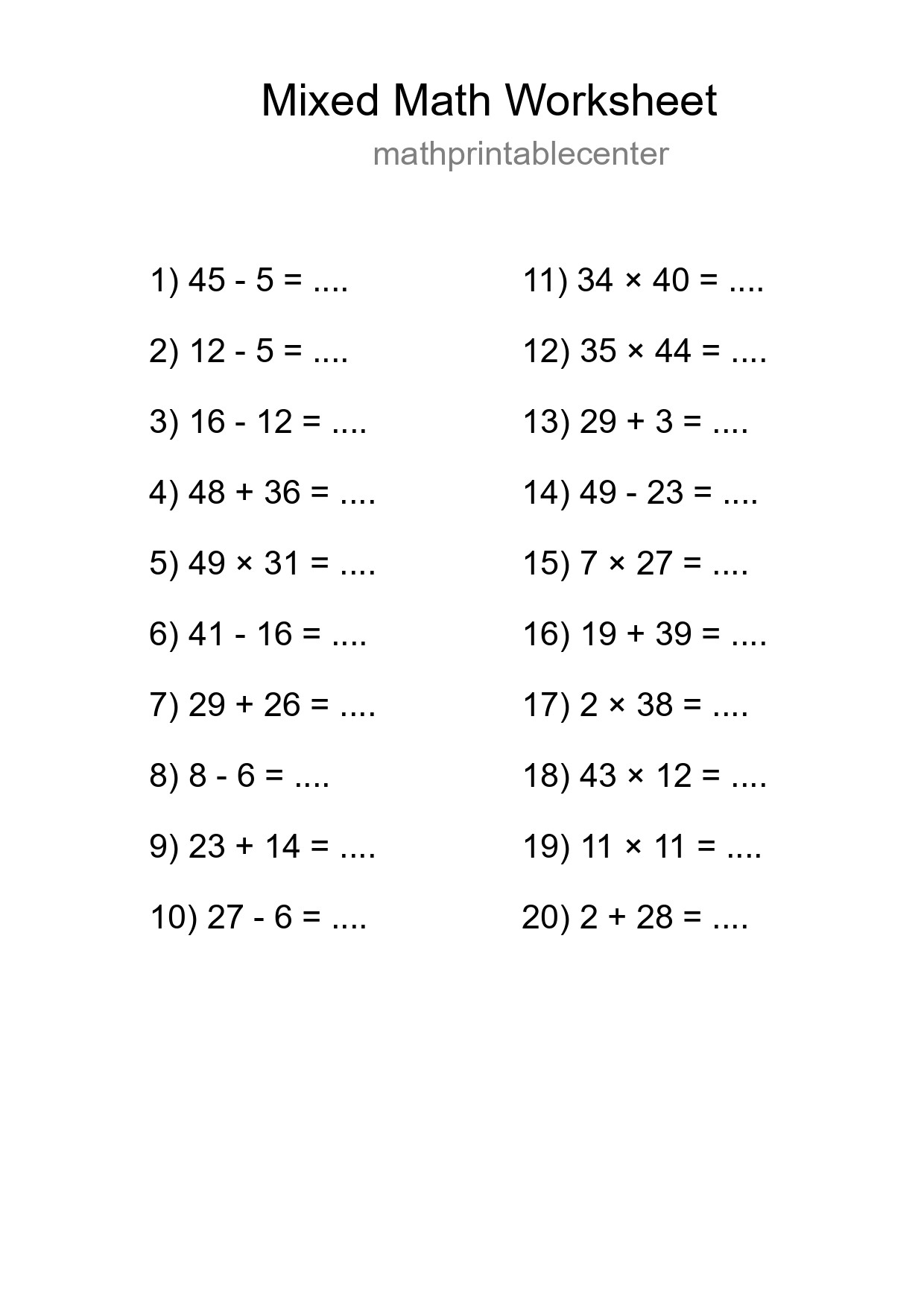 Mixed Operations Math Worksheet