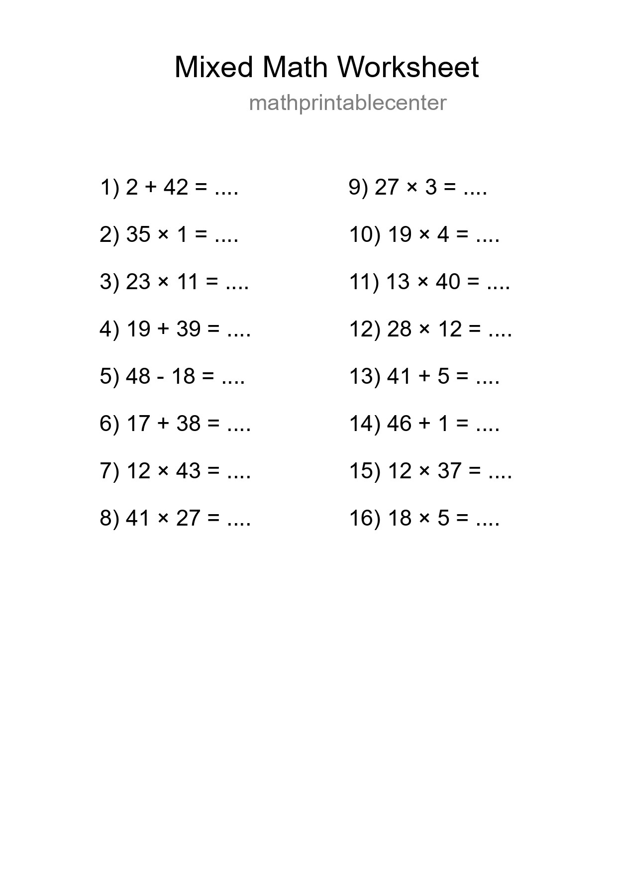 Mixed Operations Math Worksheet