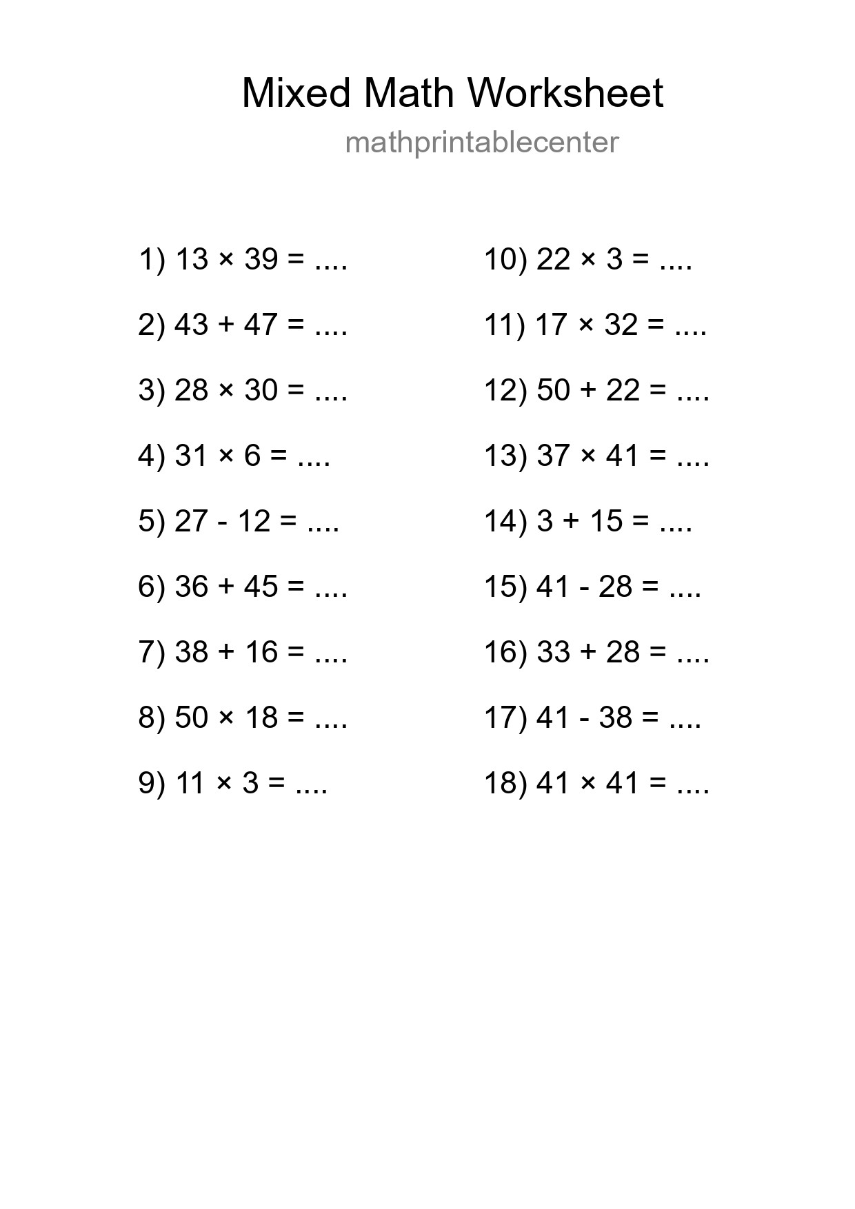 Mixed Operations Math Worksheet