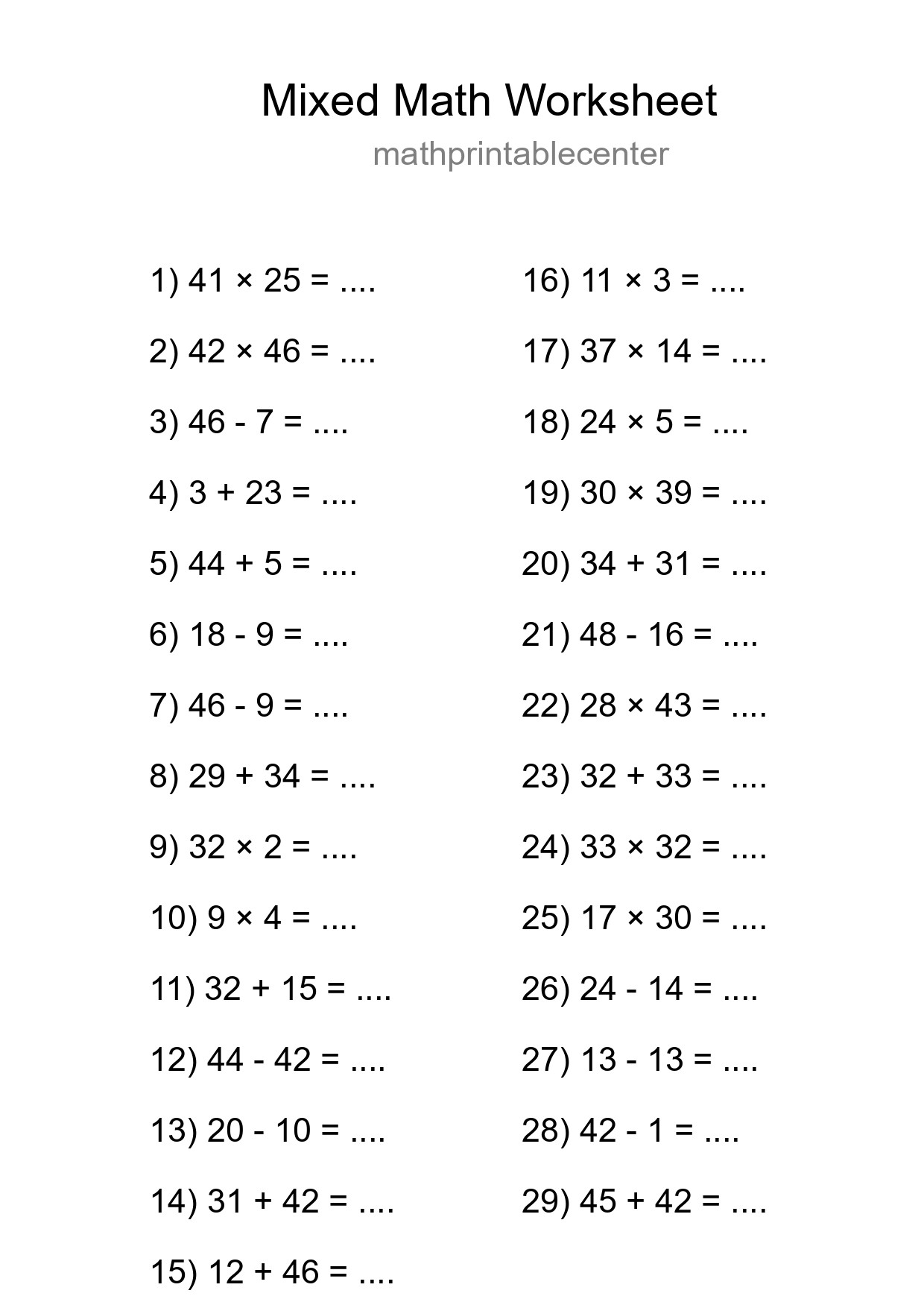 Mixed Operations Math Worksheet