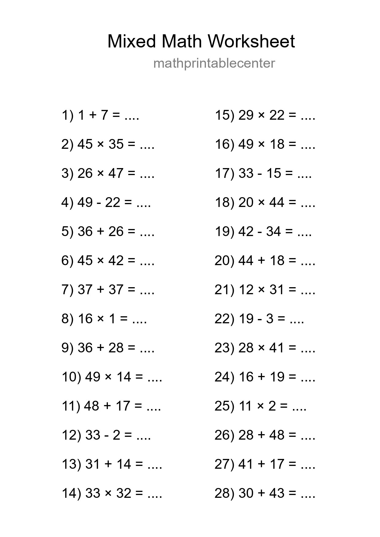 Mixed Operations Math Worksheet