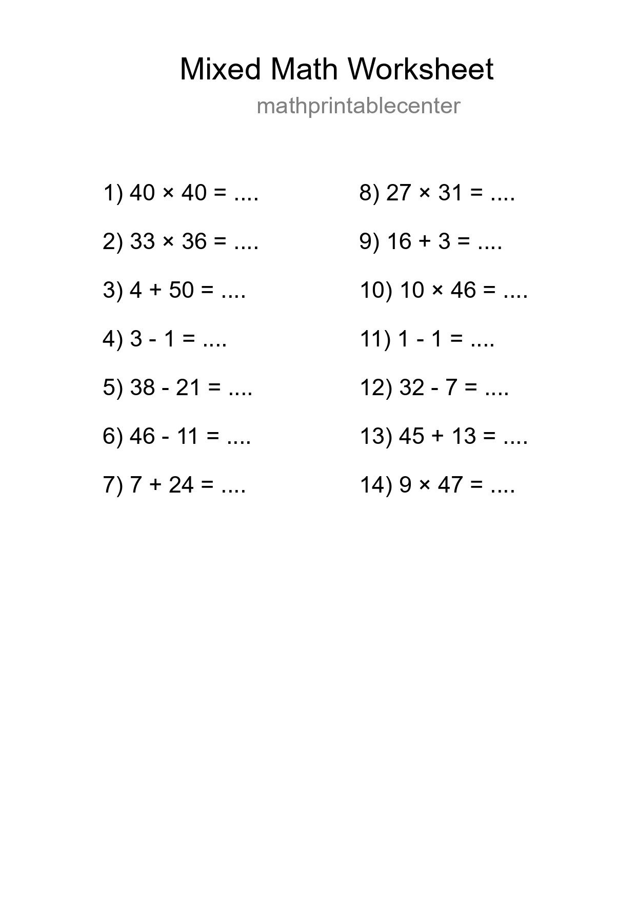 Mixed Operations Math Worksheet
