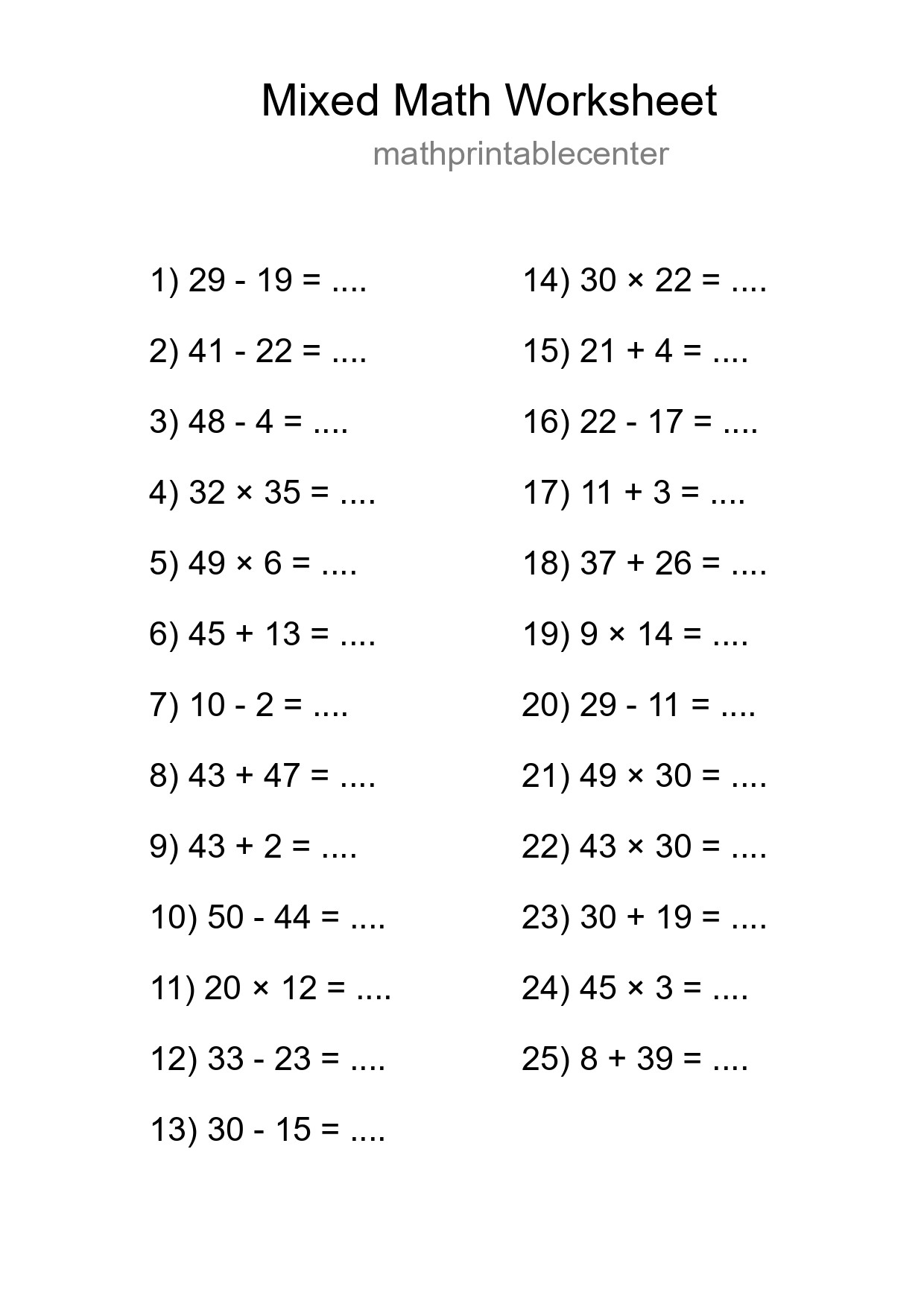 Mixed Operations Math Worksheet