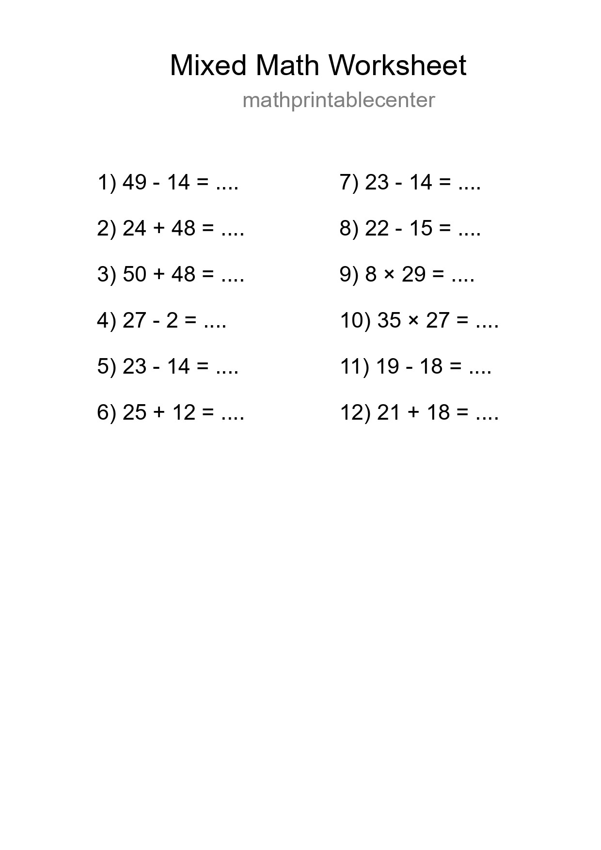 Mixed Operations Math Worksheet