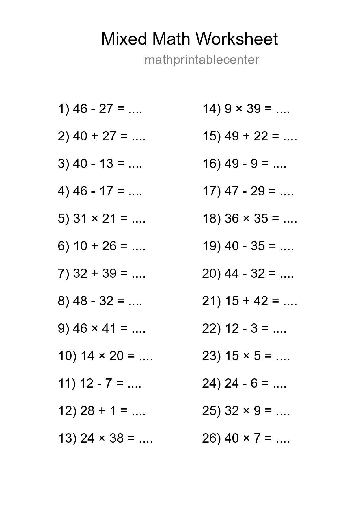 Mixed Operations Math Worksheet