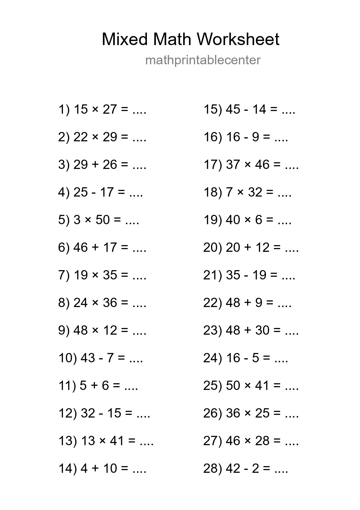 Mixed Operations Math Worksheet