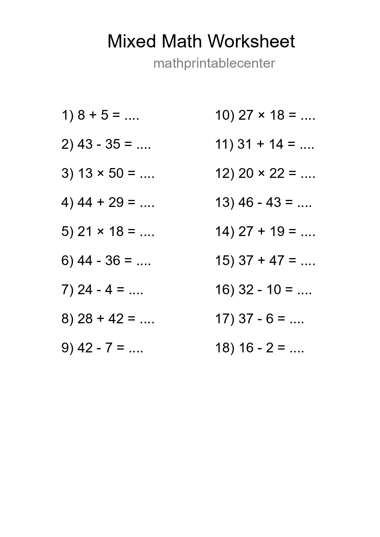 Mixed Operations Math Worksheet