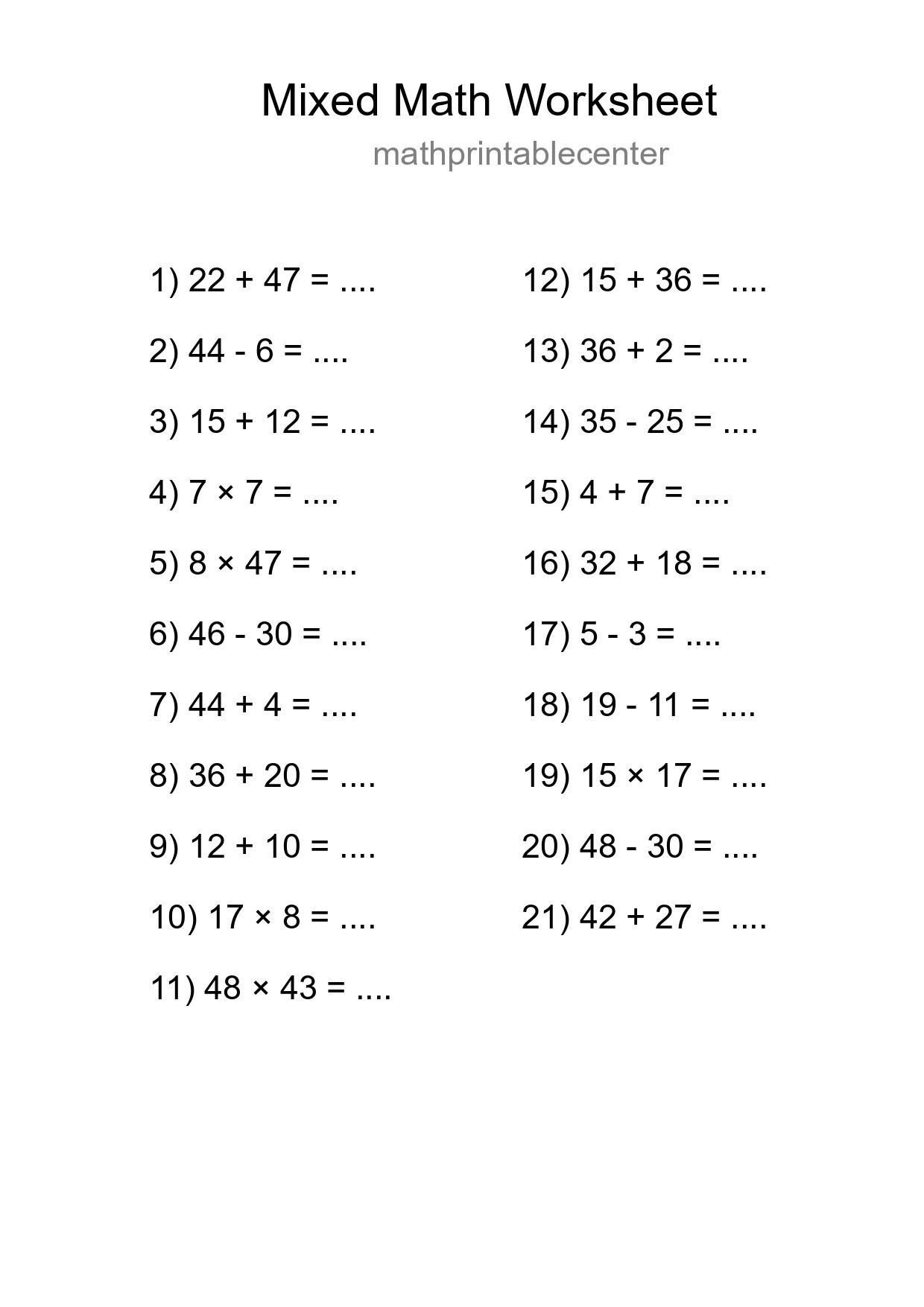 Mixed Operations Math Worksheet