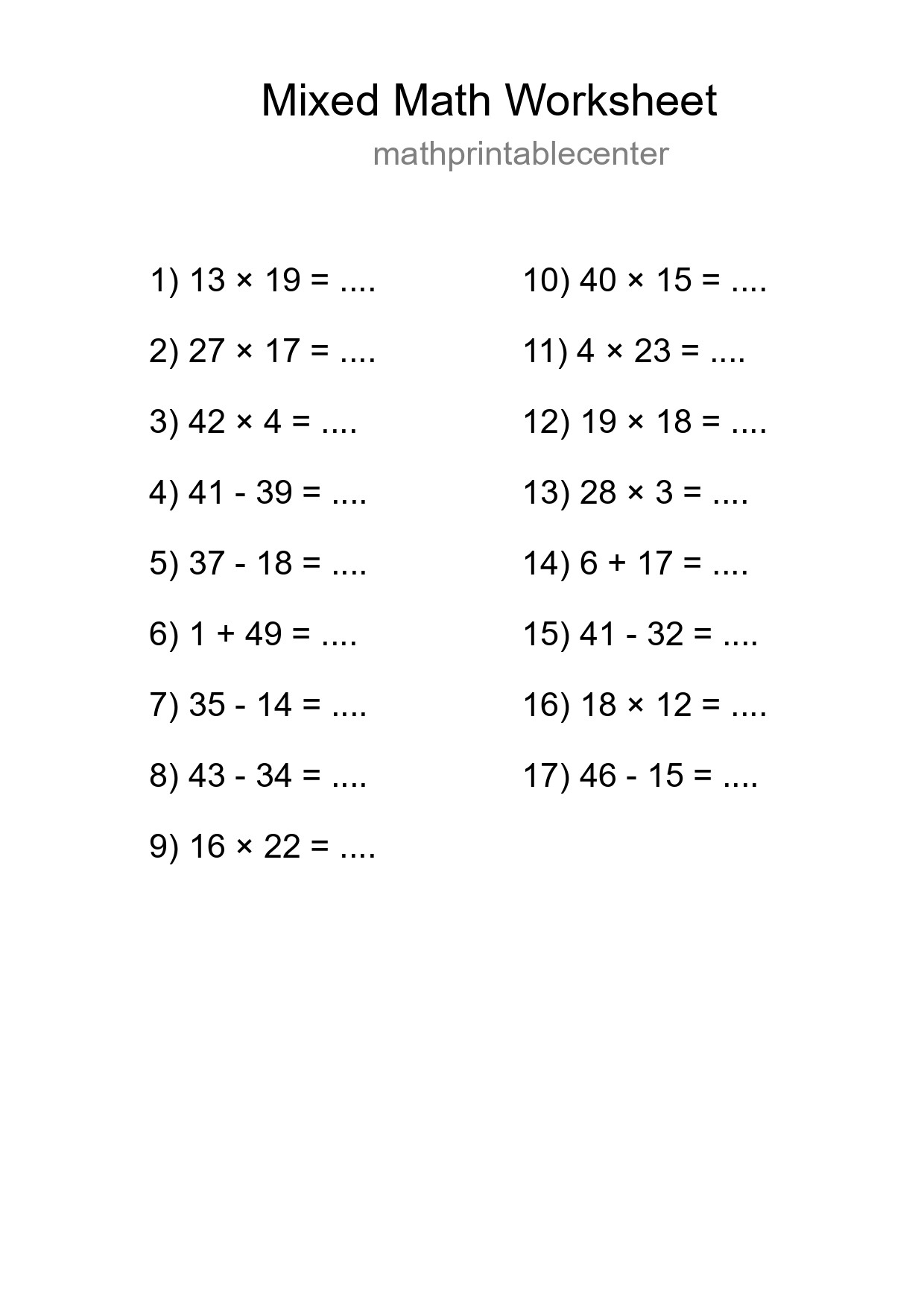 Mixed Operations Math Worksheet
