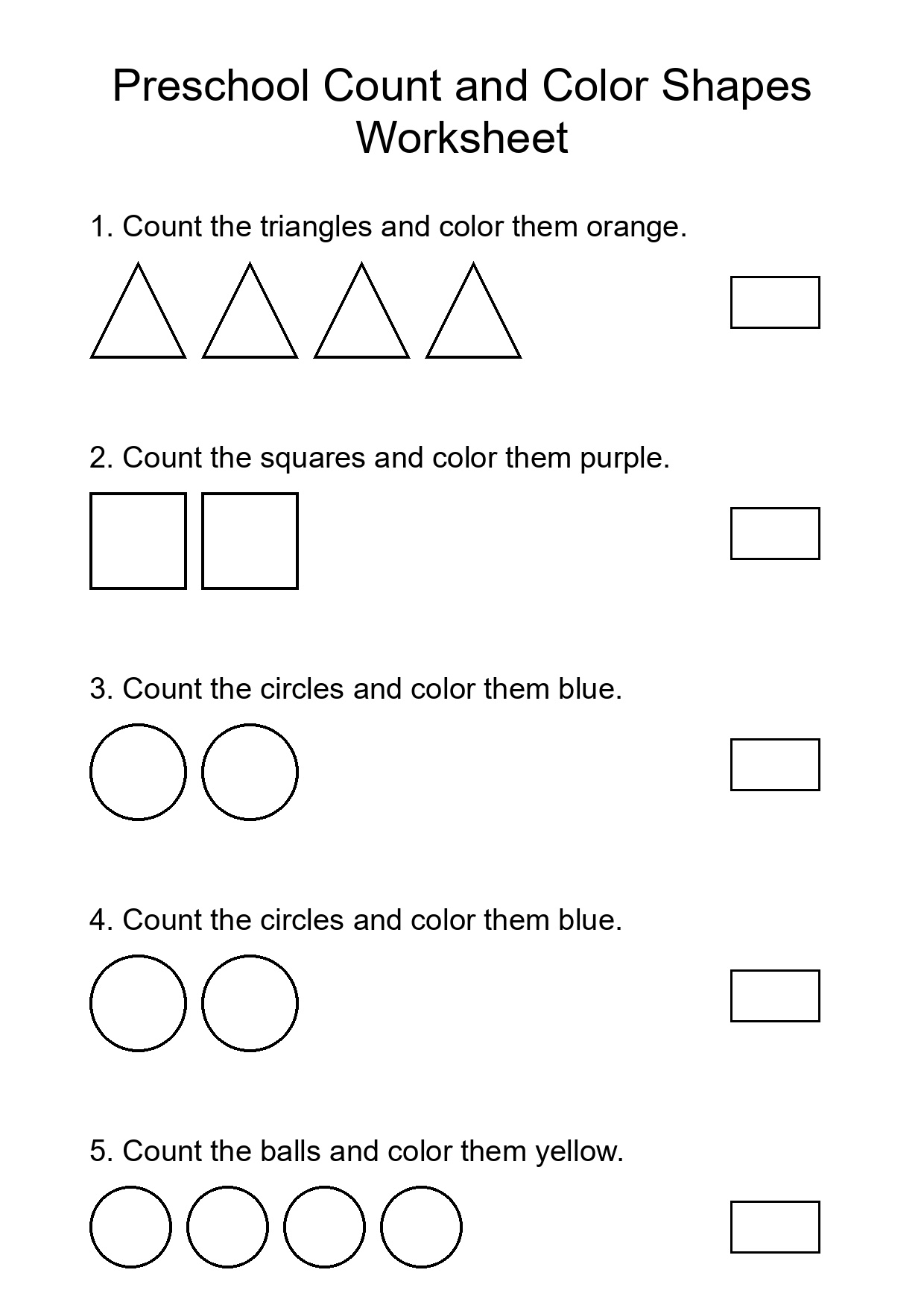 Preschool Count and Color Shapes Worksheet