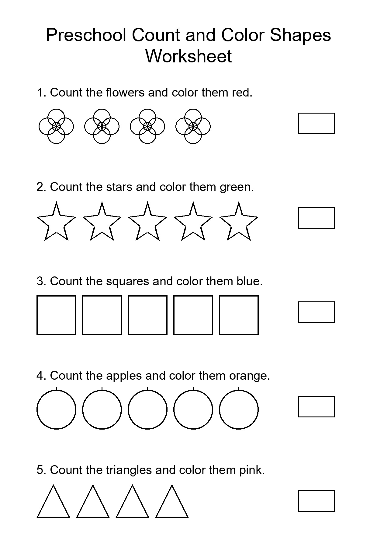 Preschool Count and Color Shapes Worksheet