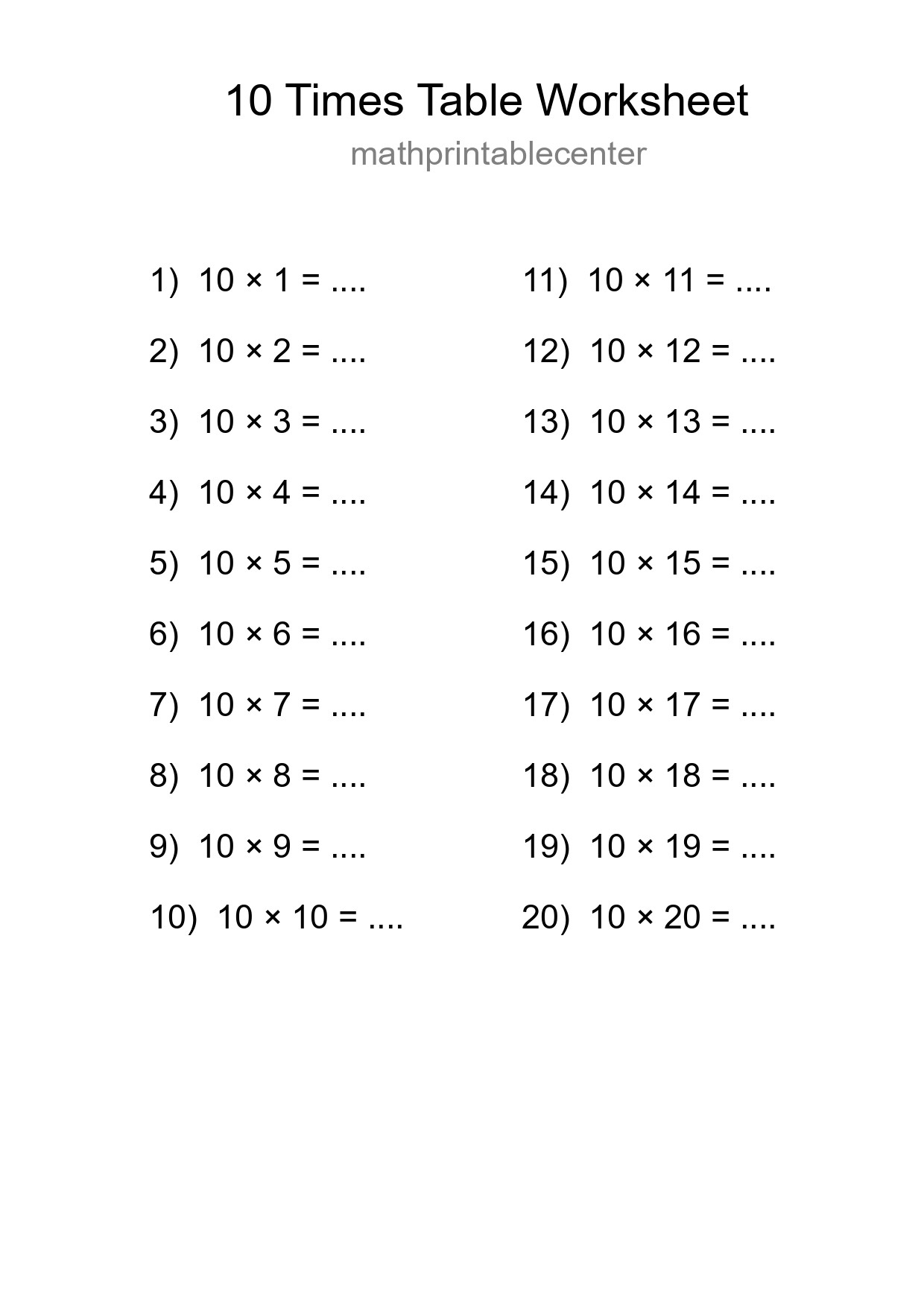Printable 10 Times Table Worksheet For Grade 3 - Part 207