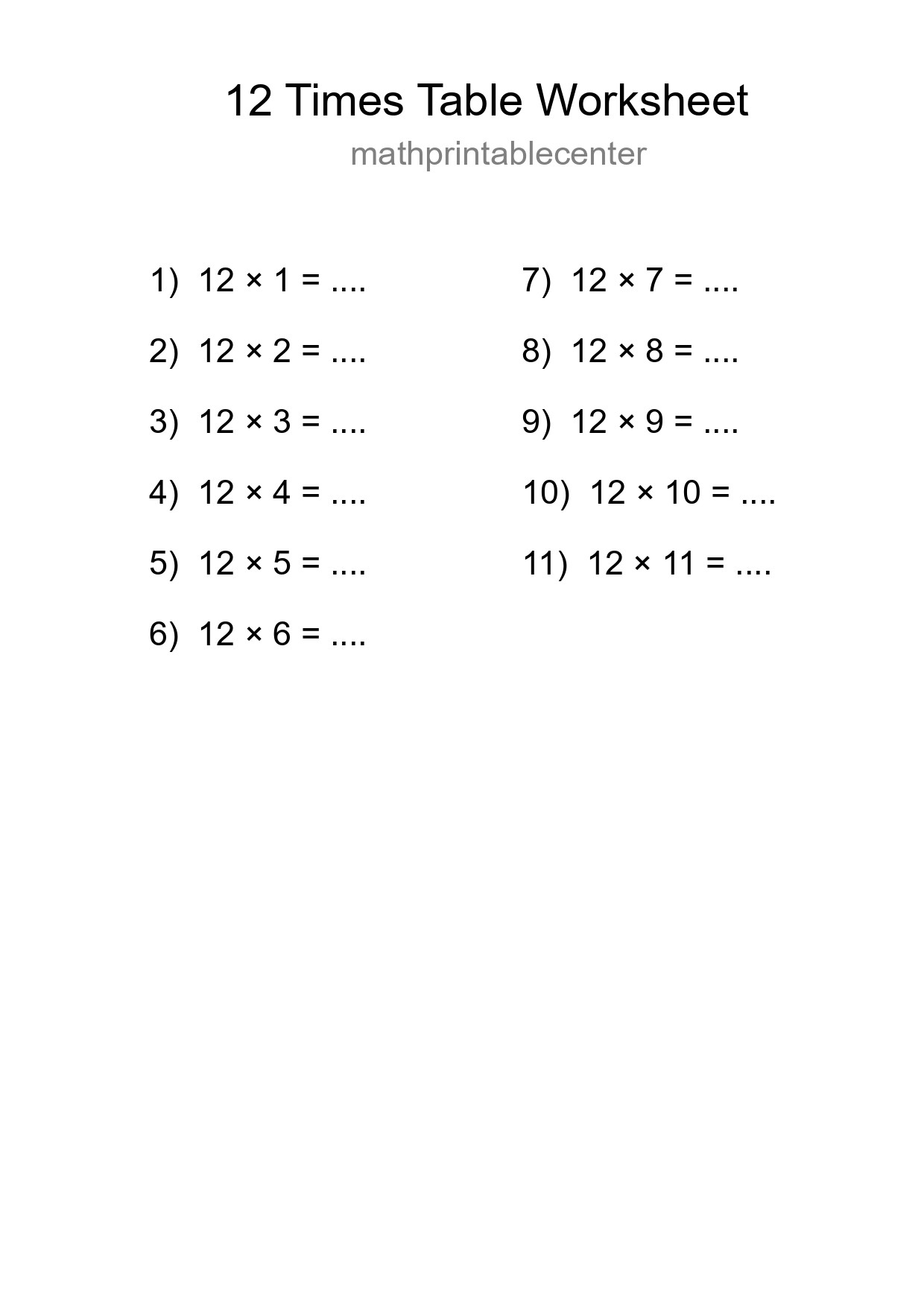 Printable 12 Times Table Worksheet For Grade 4 - Part 163