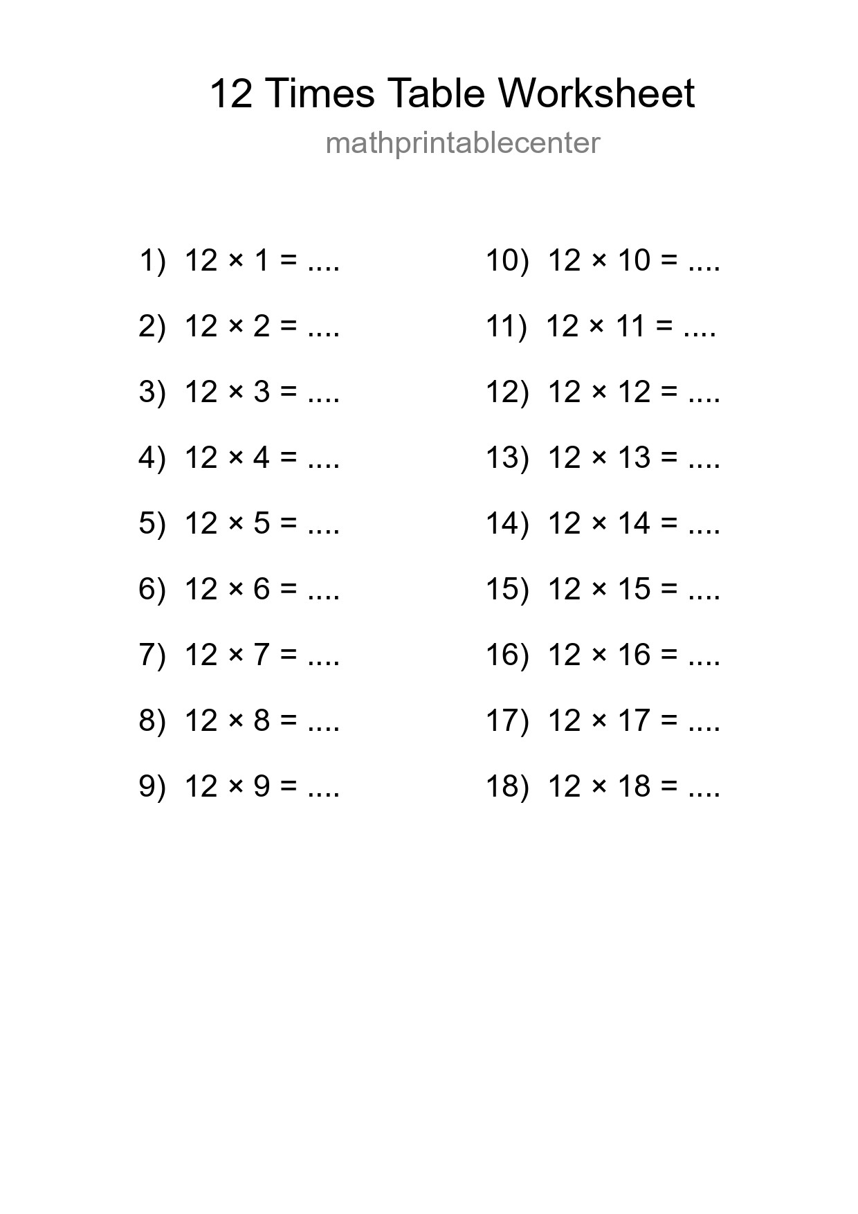 Printable 12 Times Table Worksheet For Grade 4 - Part 20