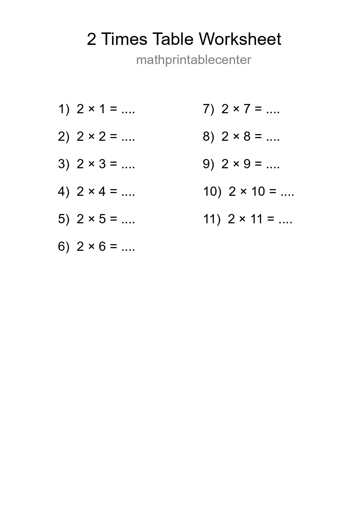 Printable 2 Times Table Worksheet For Grade 2 - Part 119