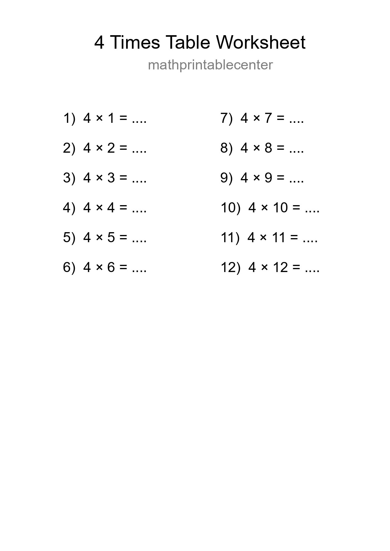 Printable 4 Times Table Worksheet For Grade 2 - Part 9