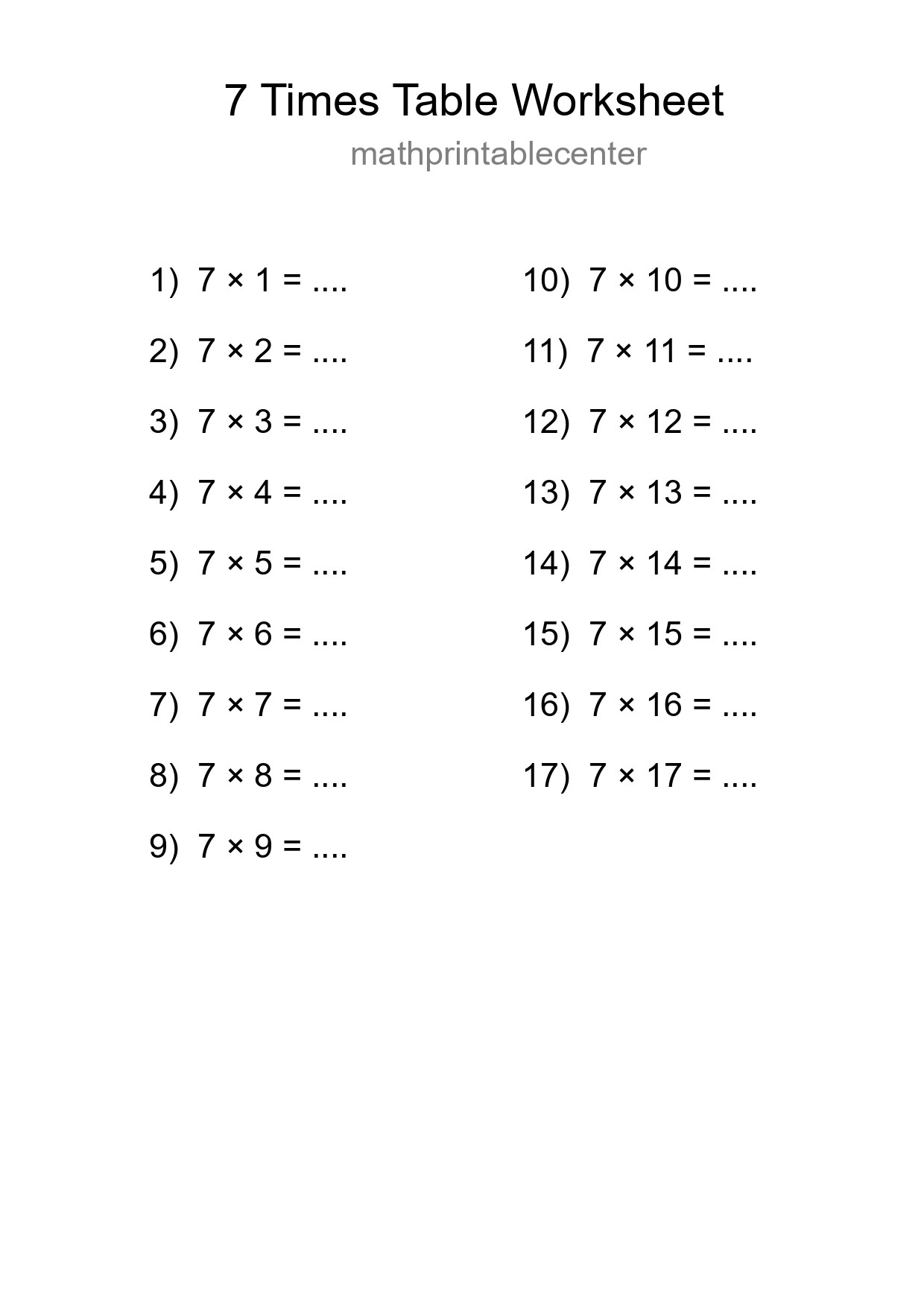 Printable 7 Times Table Worksheet For Grade 3 - Part 108