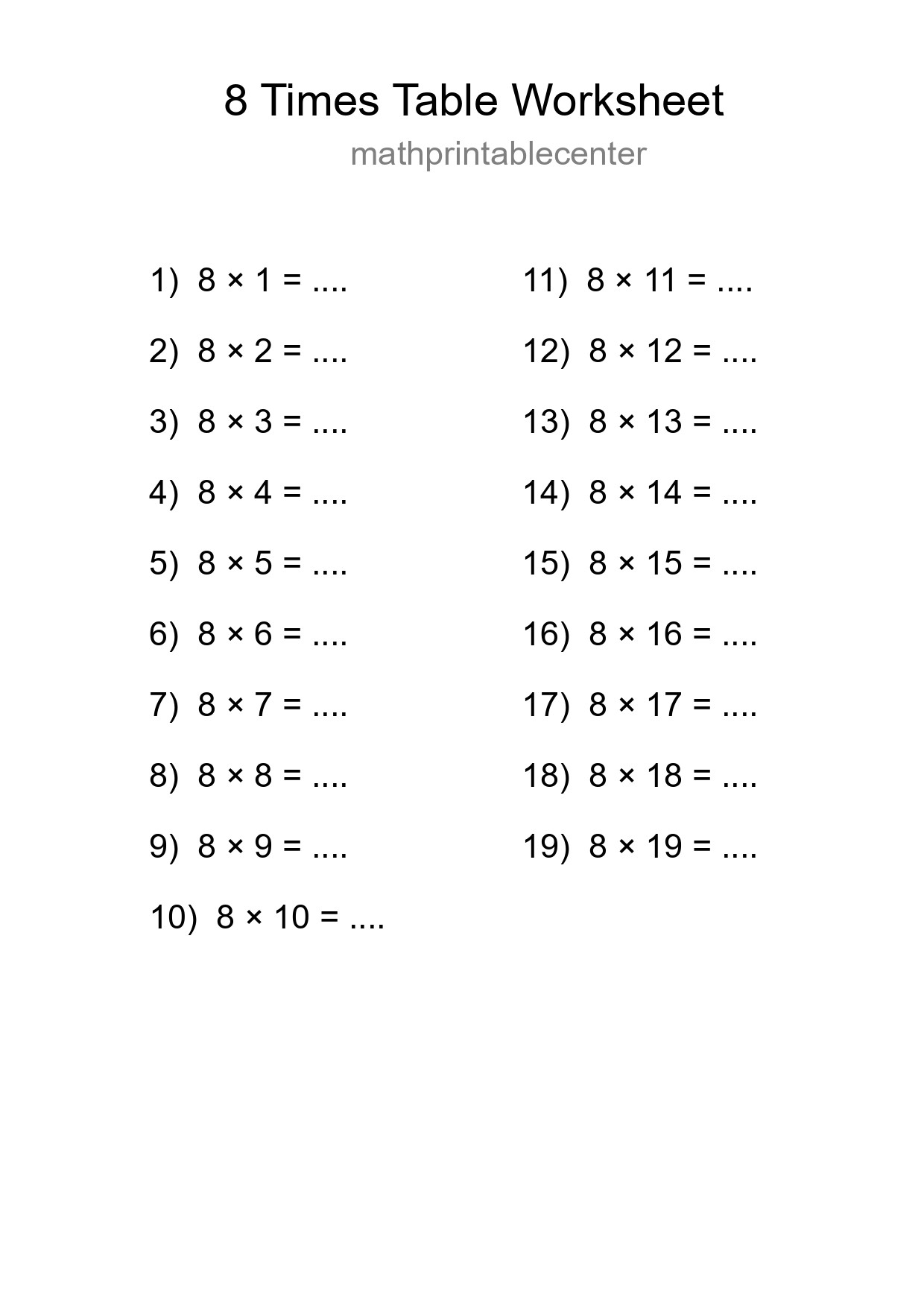 Printable 8 Times Table Worksheet For Grade 3 - Part 295