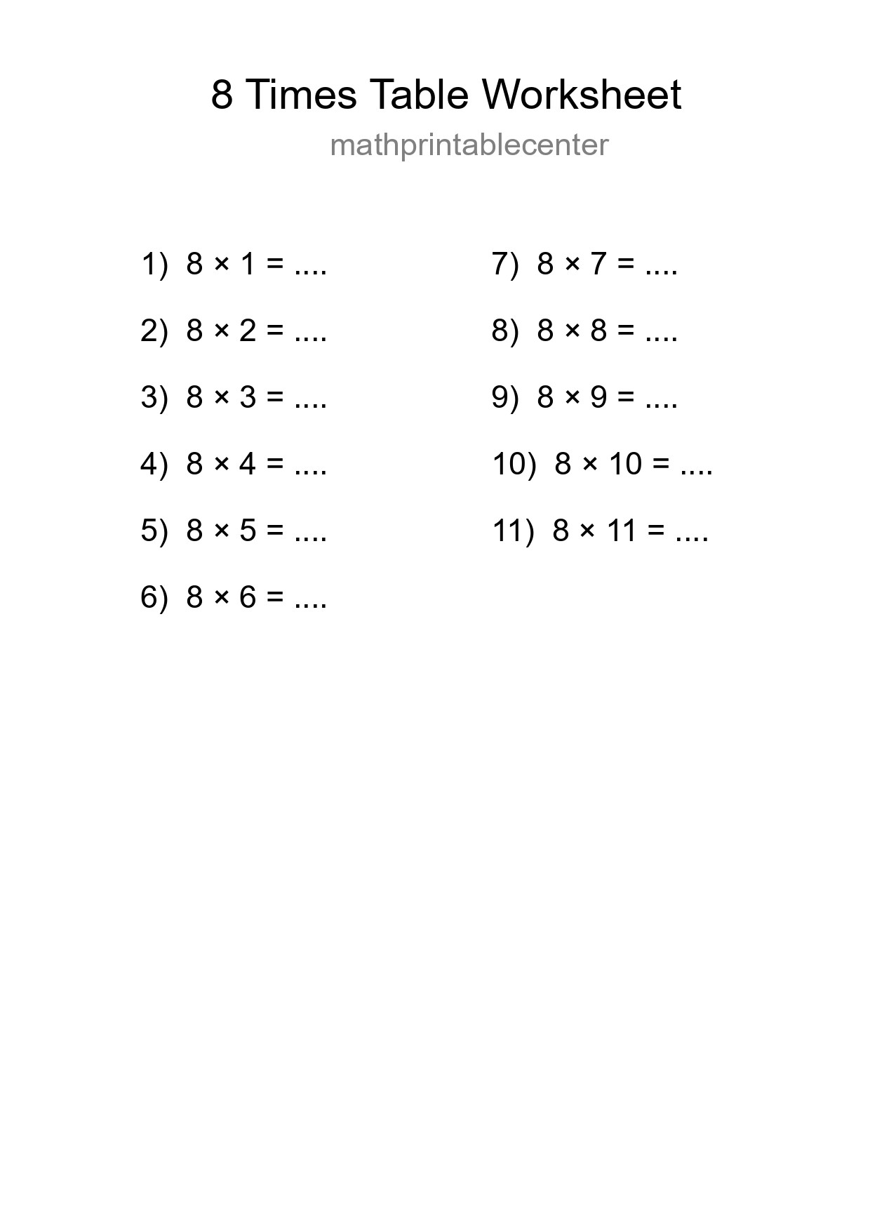 Printable 8 Times Table Worksheet For Grade 3 - Part 97