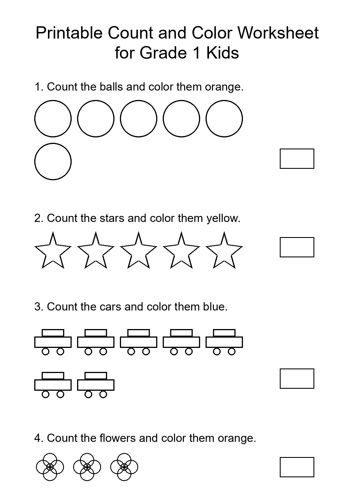 Printable Count and Color Worksheet for Grade 1 Kids