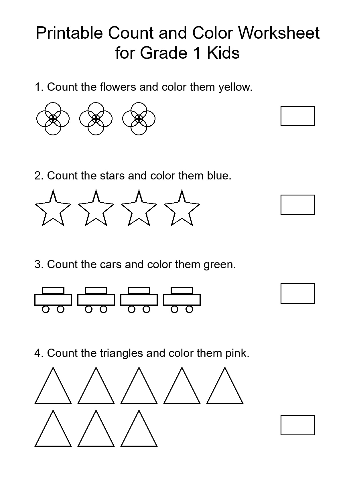 Printable Count and Color Worksheet for Grade 1 Kids