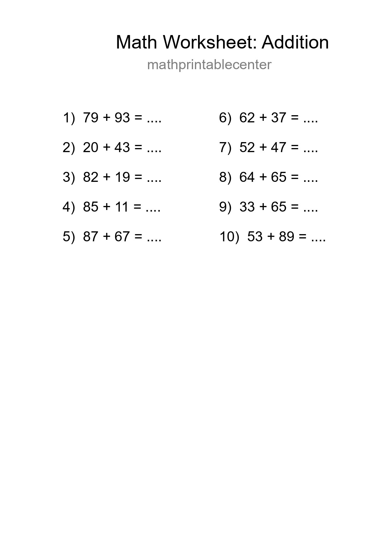 Printable Free 10 Addition Math Worksheet For Grade 3 - Part 276