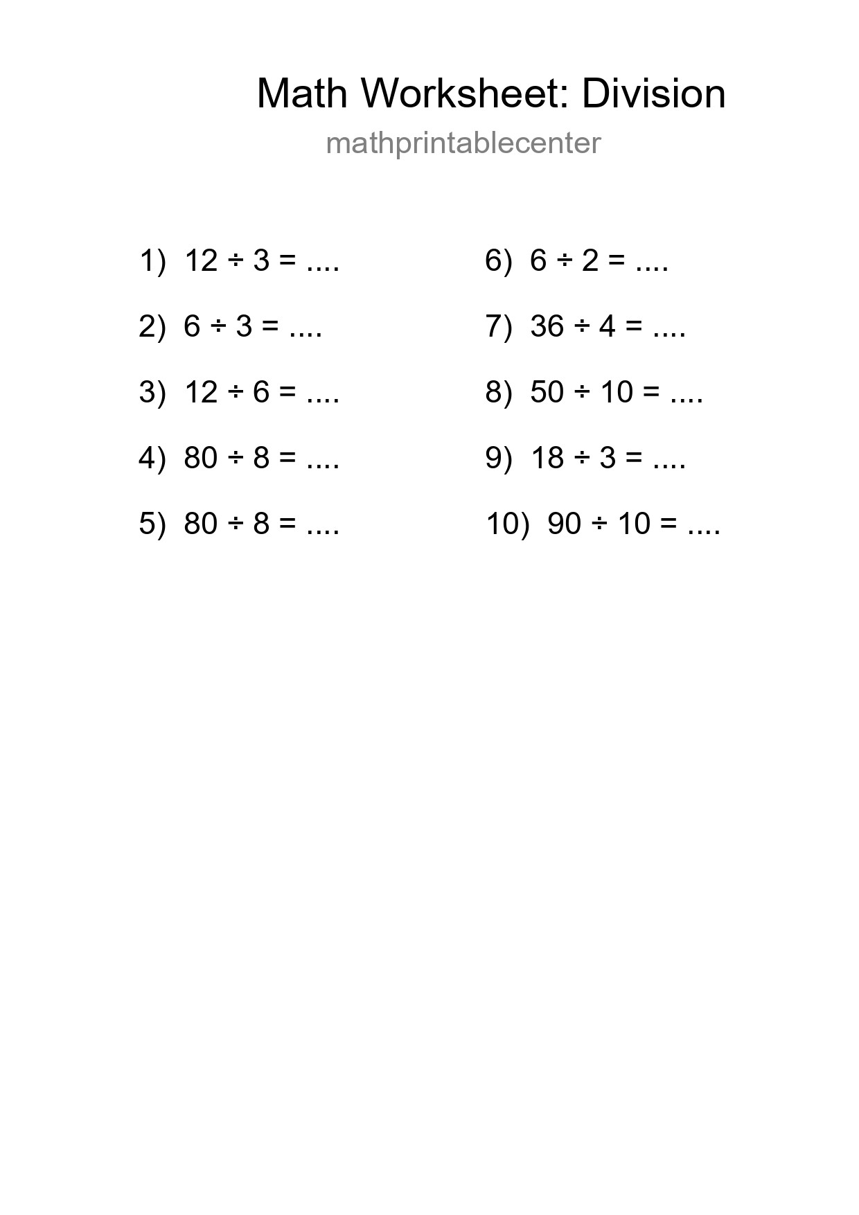 Printable Free 10 Division Math Worksheet For Grade 1 - Part 268