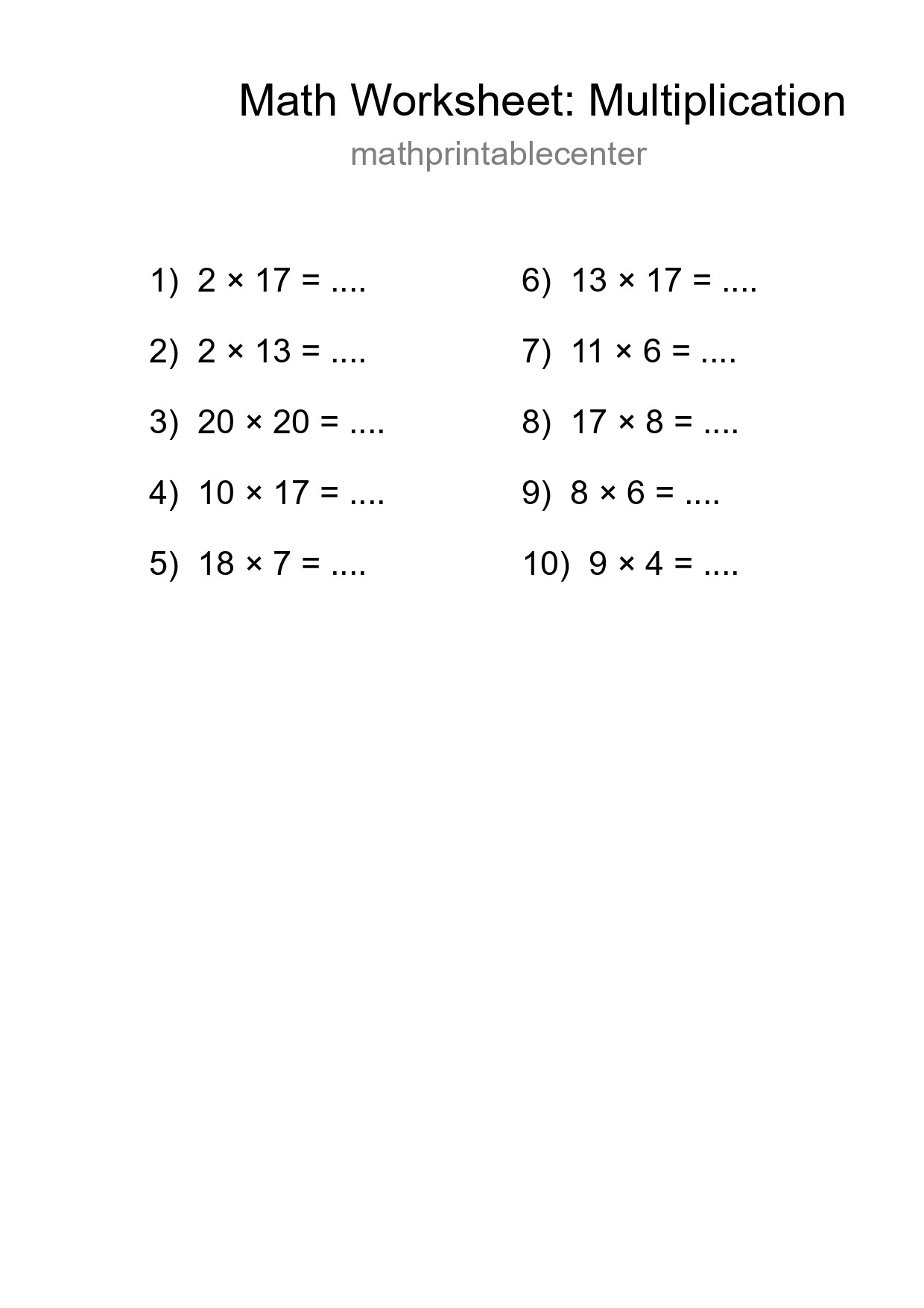Printable Free 10 Multiplication Math Worksheet For Grade 2 - Part 161