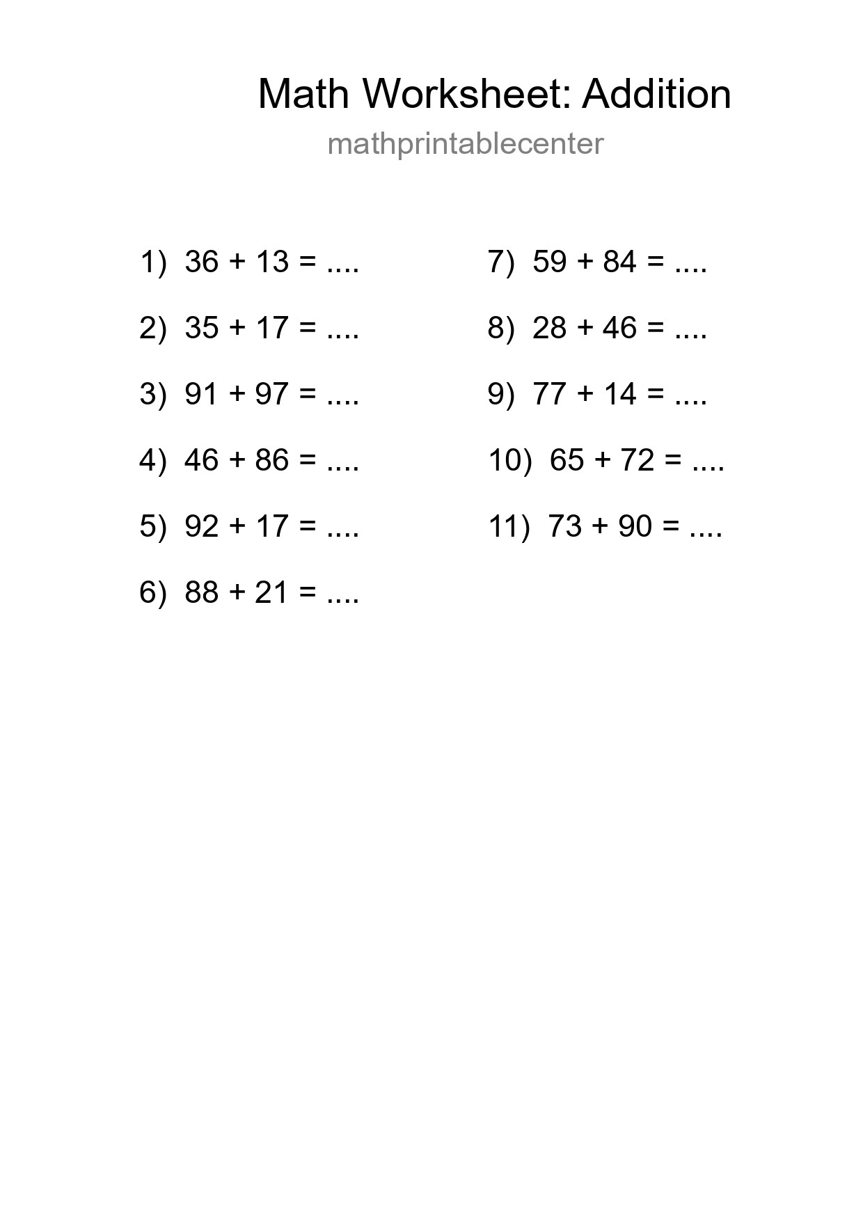 Printable Free 11 Addition Math Worksheet For Grade 3 - Part 100