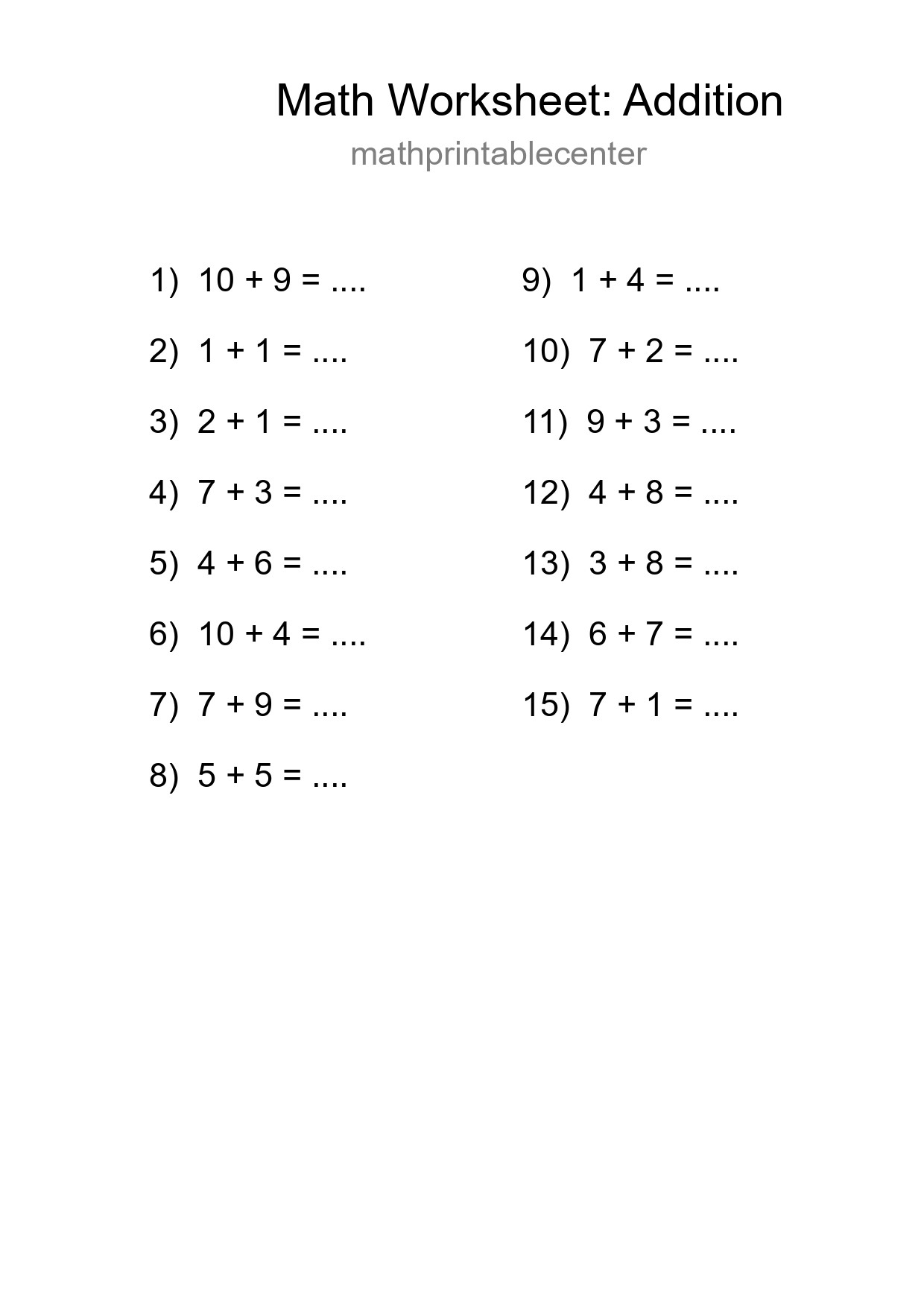 Printable Free 15 Addition Math Worksheet For Grade 1 - Part 12