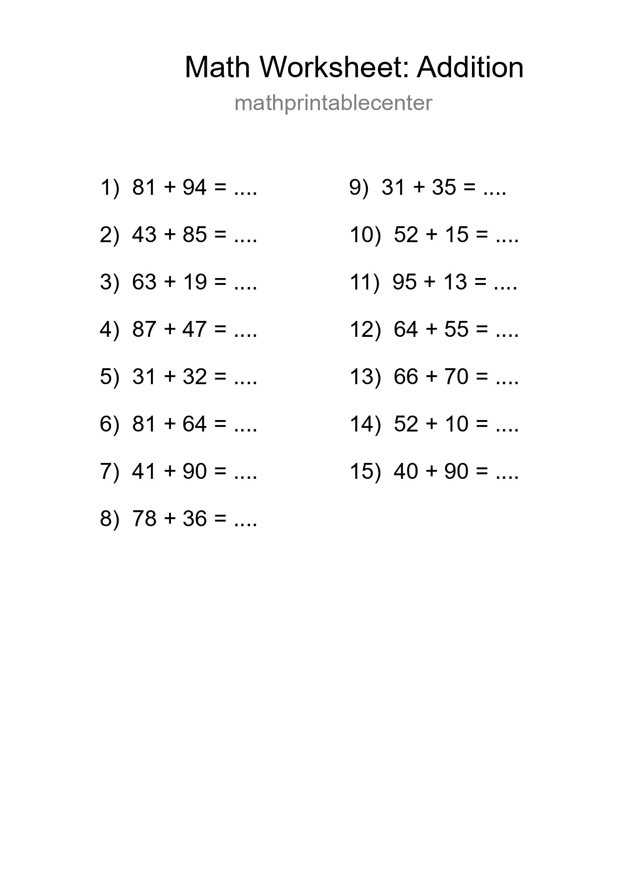 Printable Free 15 Addition Math Worksheet For Grade 3 - Part 23