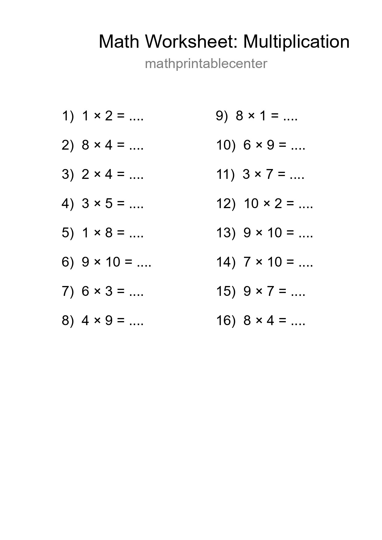 Printable Free 16 Multiplication Math Worksheet For Grade 1 - Part 183