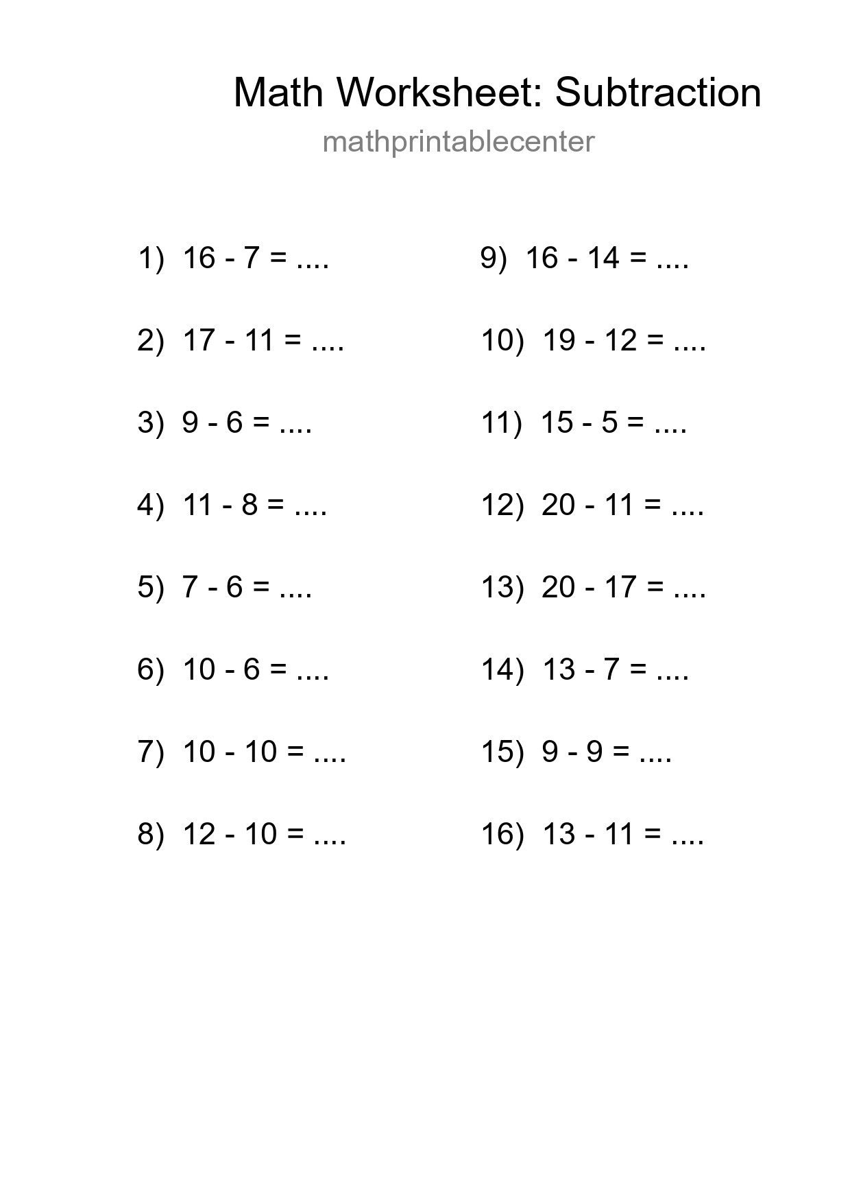 Printable Free 16 Subtraction Math Worksheet For Grade 2 - Part 107