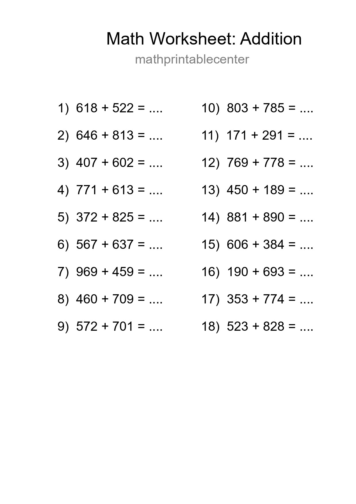 Printable Free 18 Addition Math Worksheet For Grade 5 - Part 144