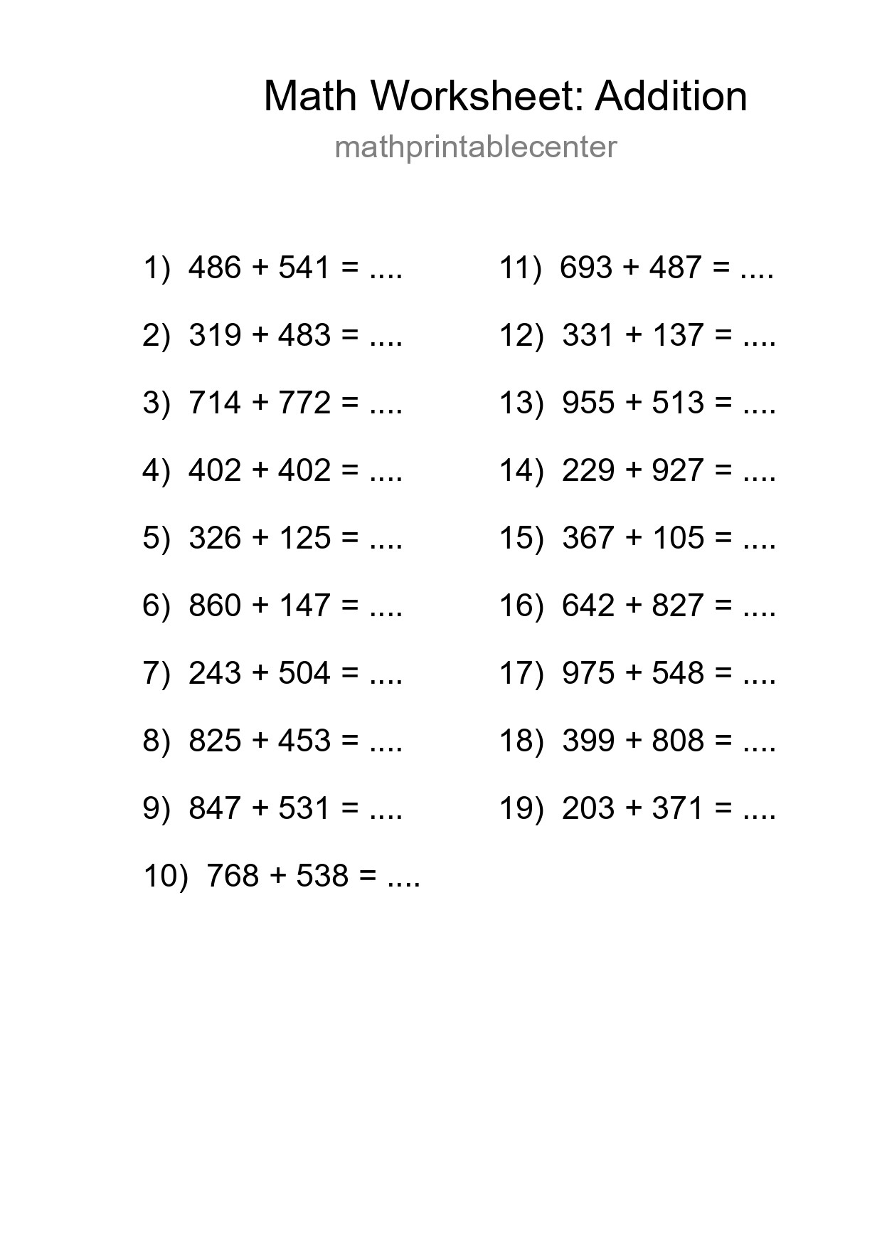 Printable Free 19 Addition Math Worksheet For Grade 5 - Part 265
