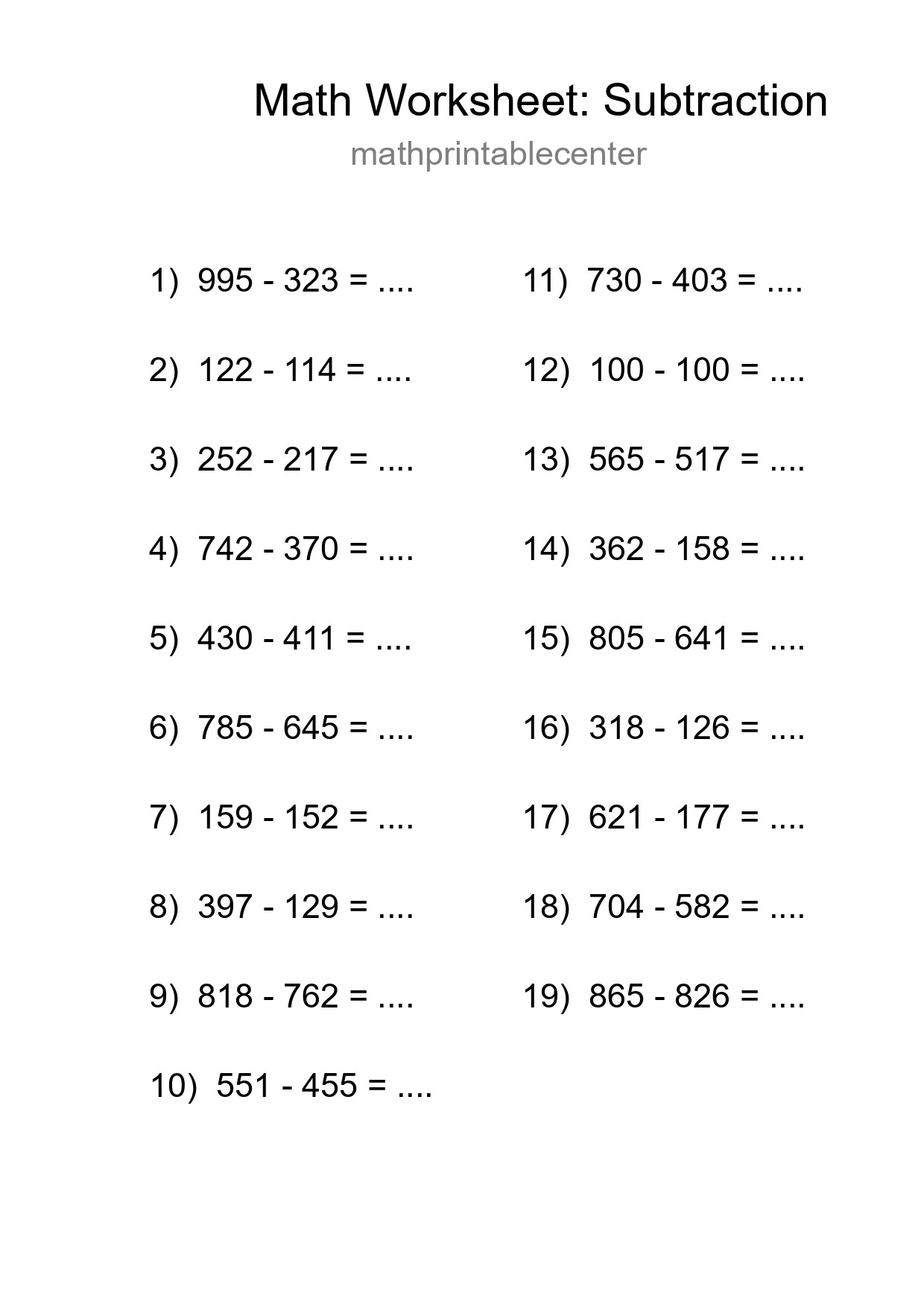 Printable Free 19 Subtraction Math Worksheet For Grade 5 - Part 52