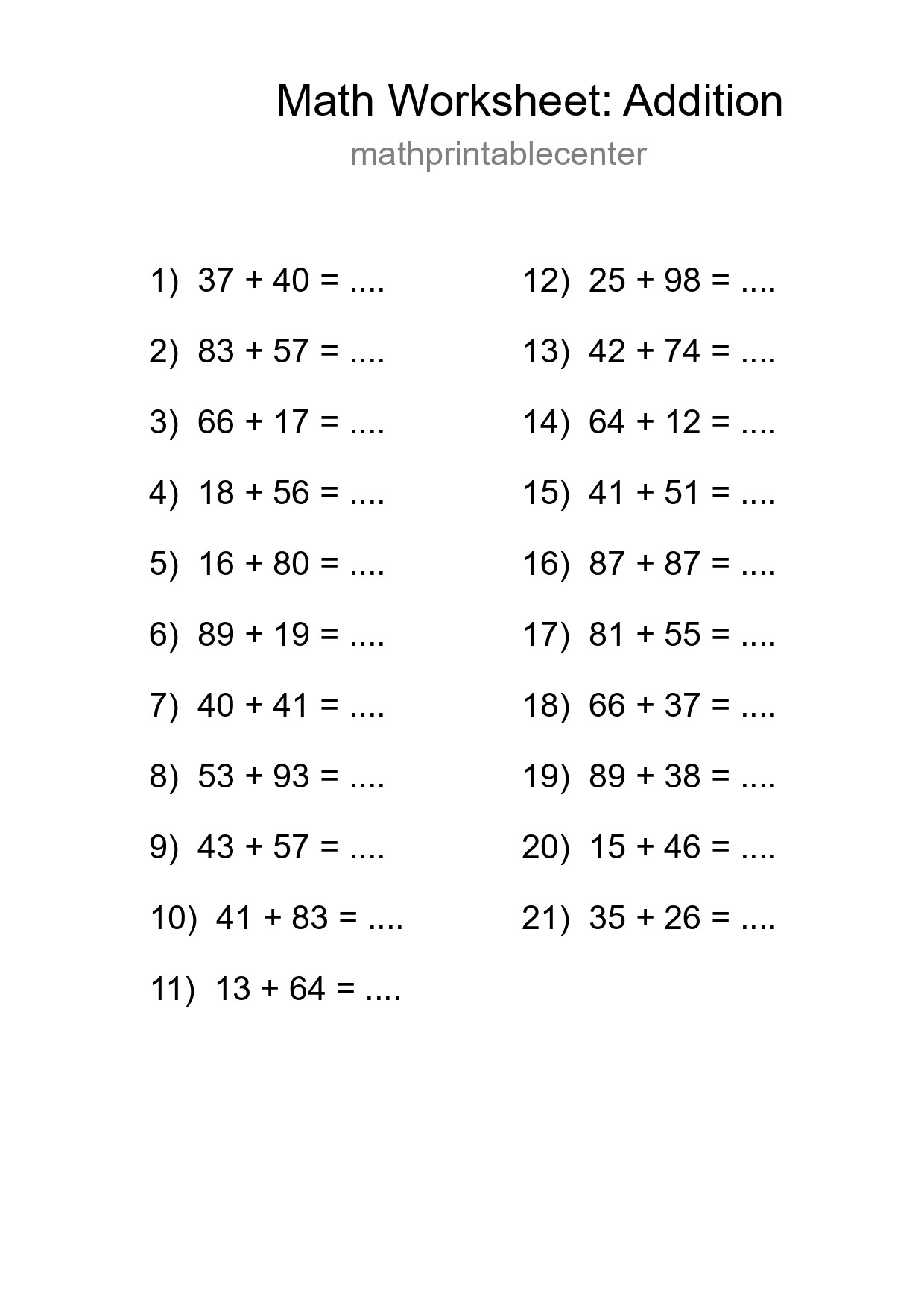 Printable Free 21 Addition Math Worksheet For Grade 3 - Part 254