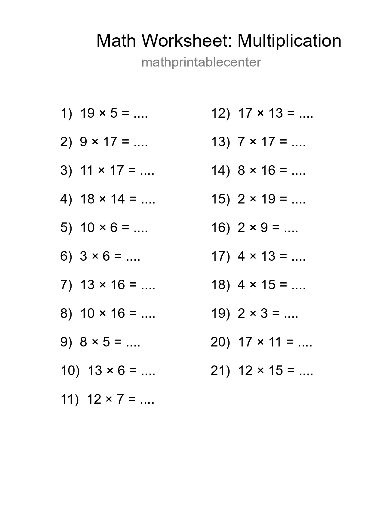Printable Free 21 Multiplication Math Worksheet For Grade 2 - Part 7