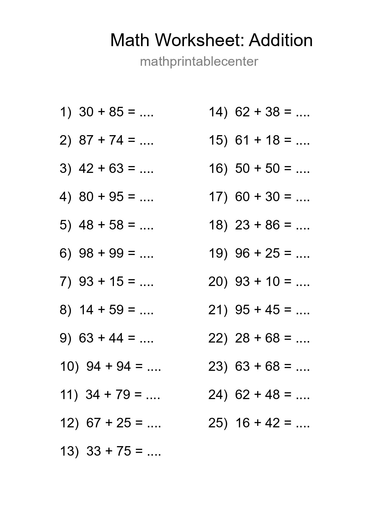 Printable Free 25 Addition Math Worksheet For Grade 3 - Part 243