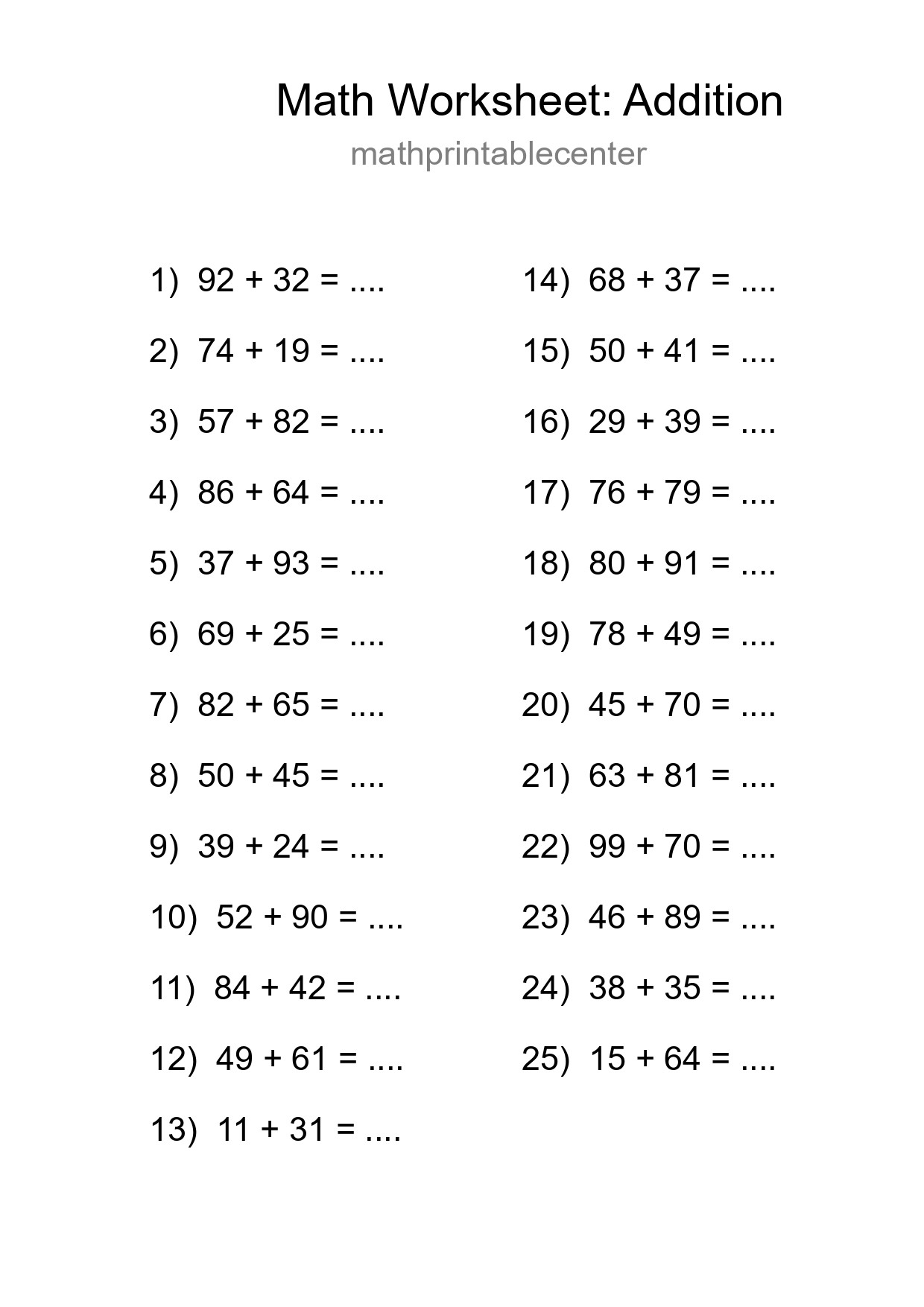 Printable Free 25 Addition Math Worksheet For Grade 3 - Part 56