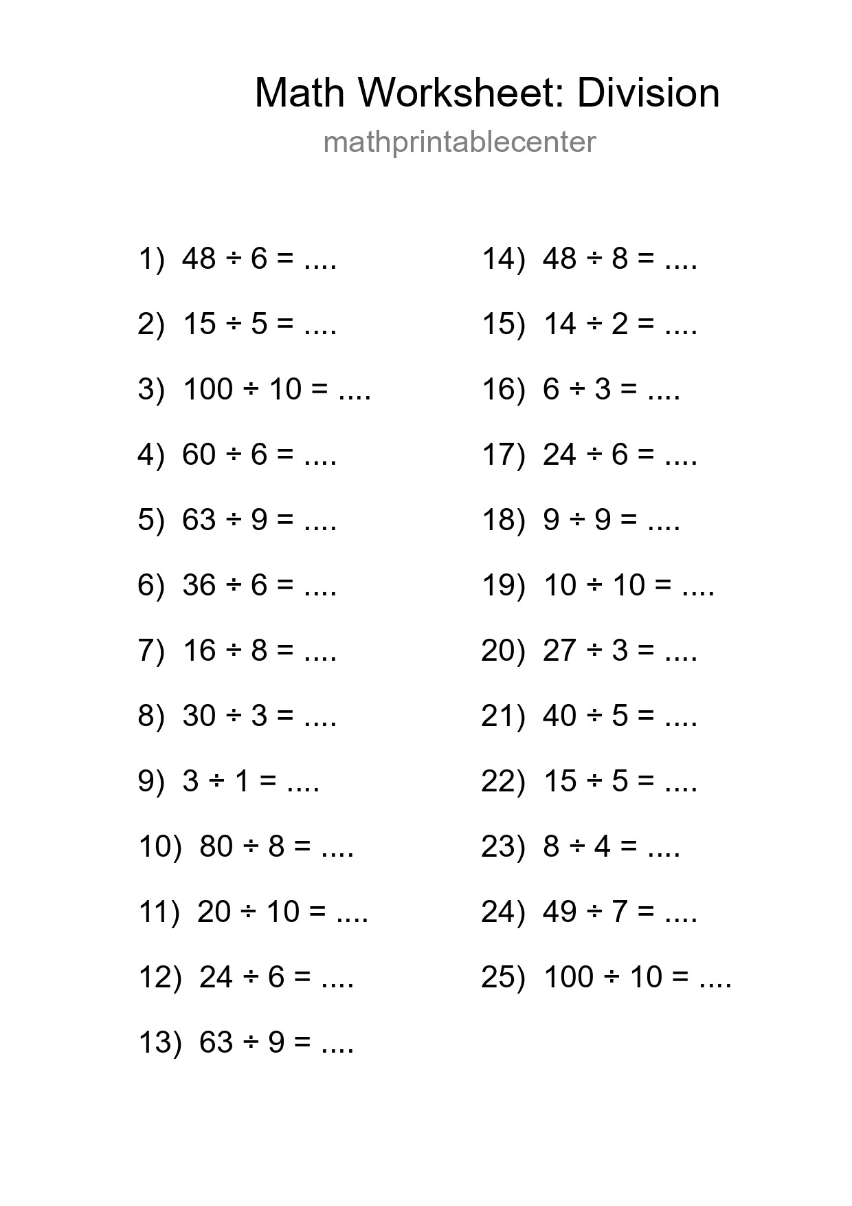 Printable Free 25 Division Math Worksheet For Grade 1 - Part 59
