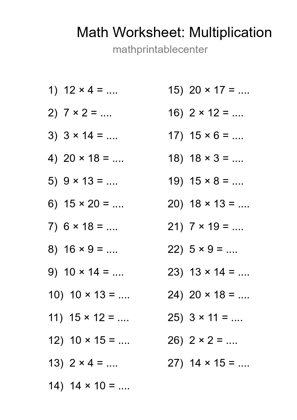 Printable Free 27 Multiplication Math Worksheet For Grade 2 - Part 139